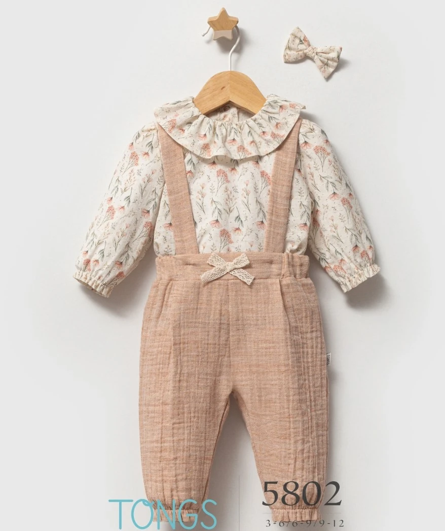 3-6-9 Ay Kız Bebek Çiçekli Şık Tokalı Salopet Tulum