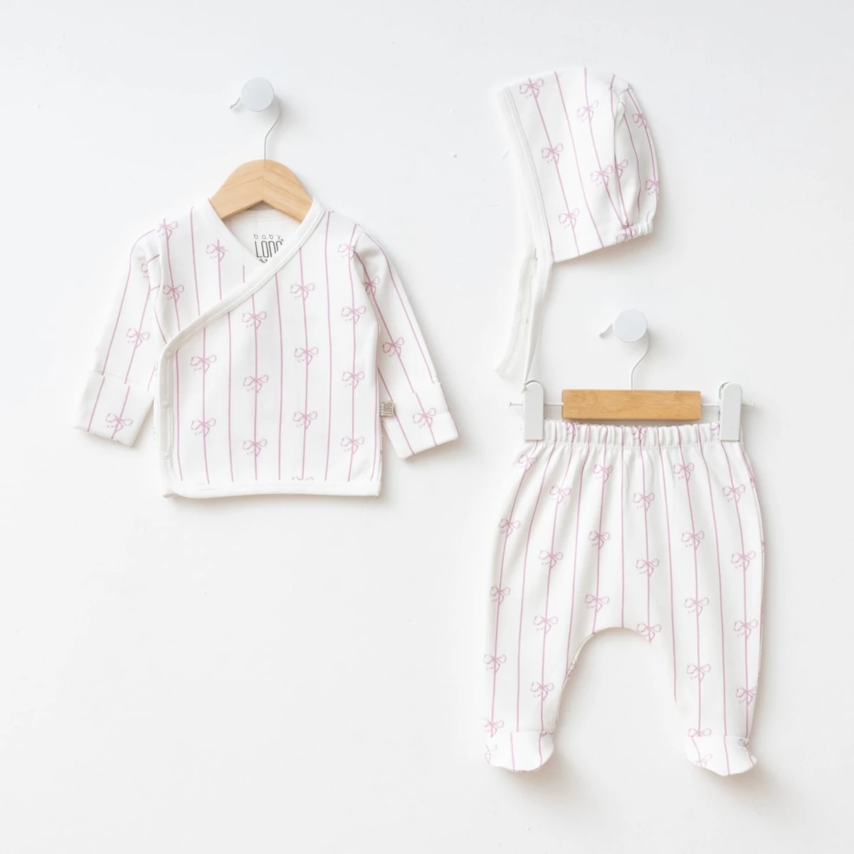 Kız Bebek 0-3 Ay Fiyonklu Pamuklu 3Lü Hastane Çıkış Seti