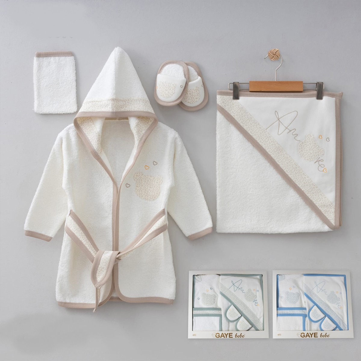 UNISEX 0-12 AY KALPLİ AYICIK BORNOZ SET