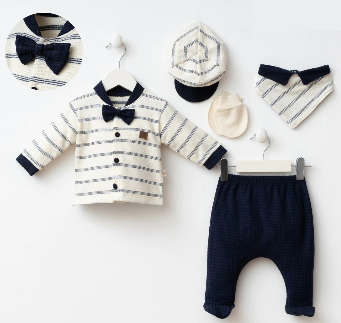 Erkek Bebek 0-3 Ay Çizgili Smokin Papyonlu Hastane Çıkış Ve Yenidoğan Set