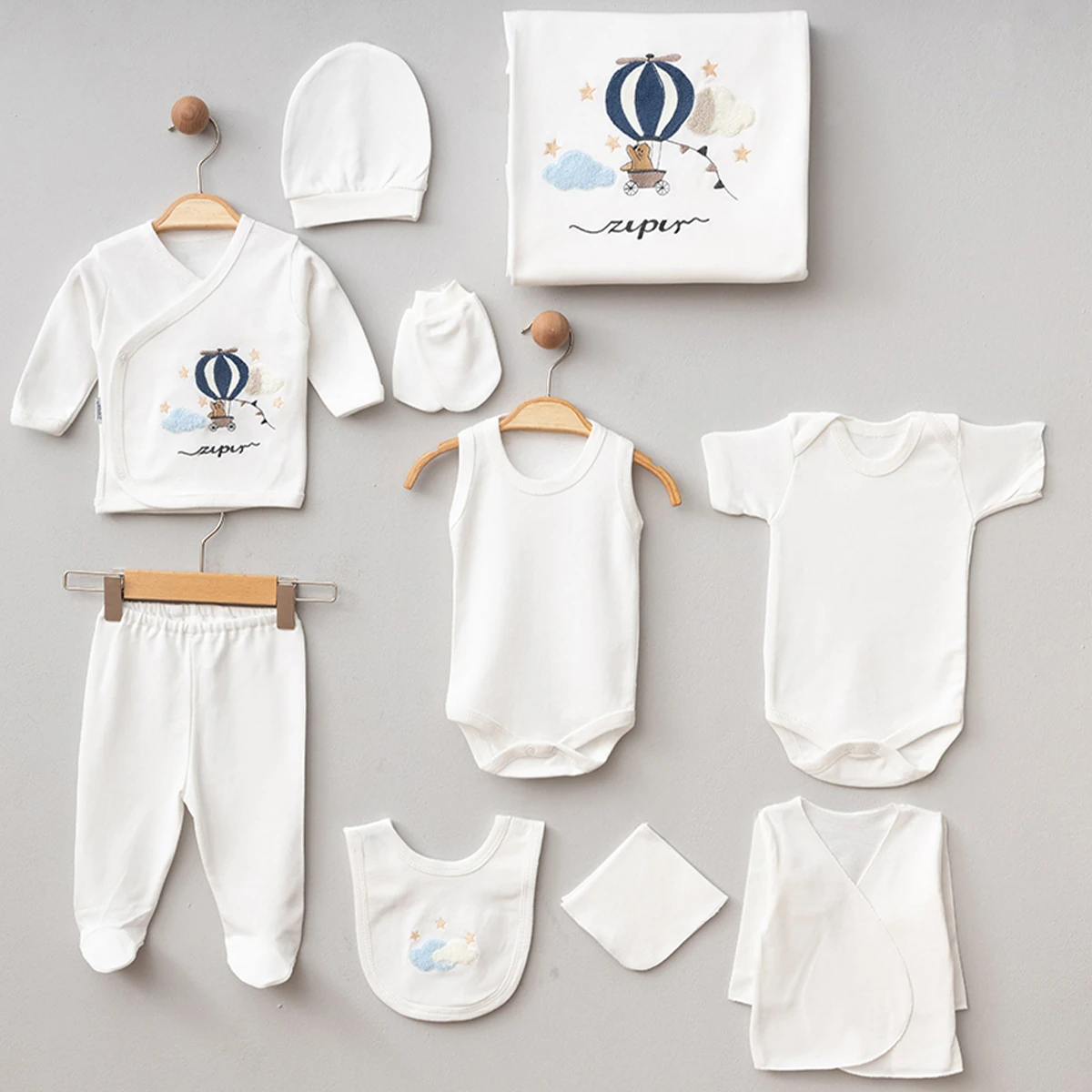 Erkek Bebek 0-3 AY Balonlu Süzeneli 10Lu Pamuklu Hastane Çıkış Seti