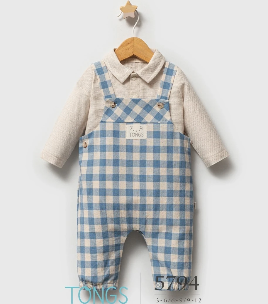 3-6-9 Ay Erkek Bebek Ekose Salopet Tulum