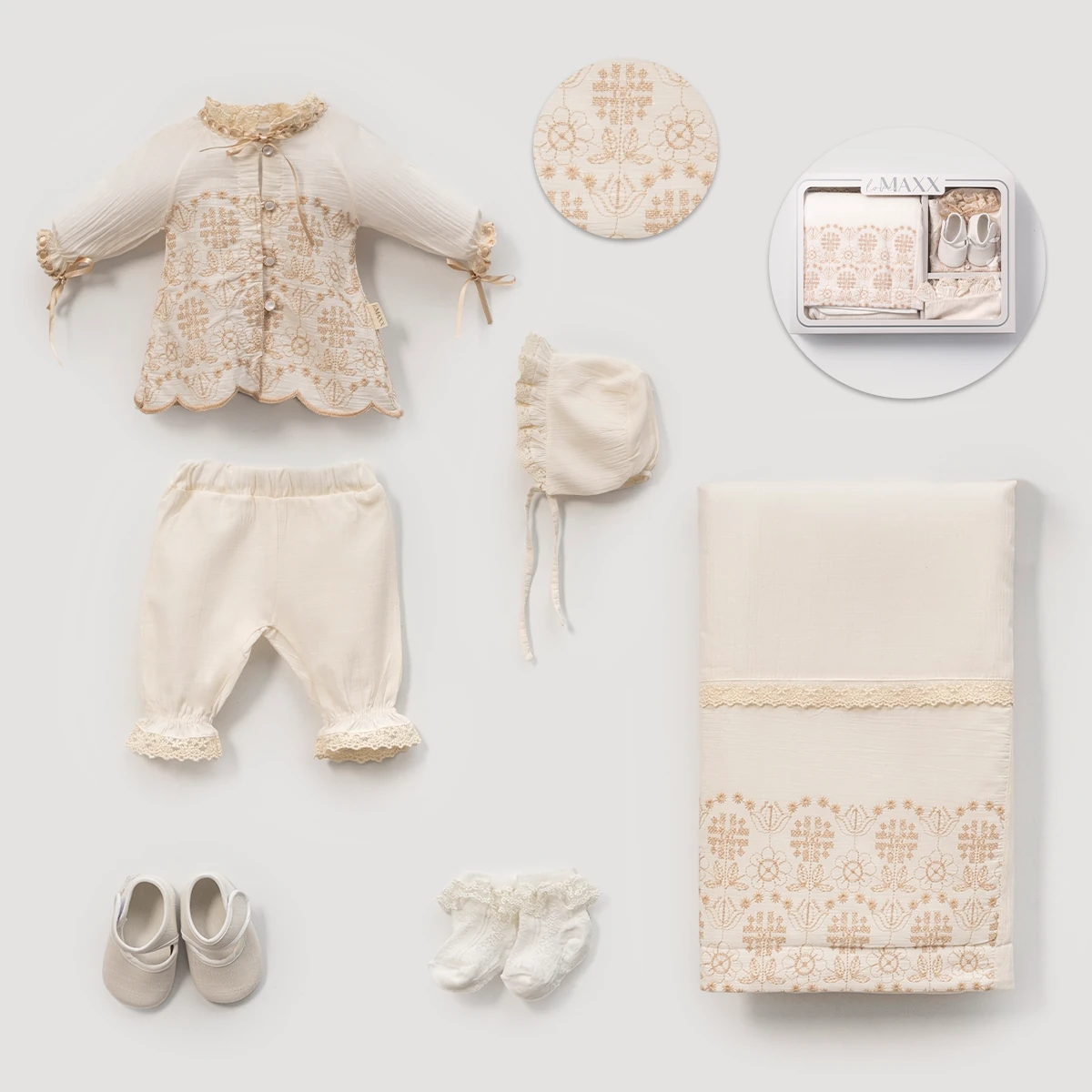 Kız Bebek 0-3 Ay Dantelli Nakışlı Kutulu 6'Lı Hastane Çıkış Seti