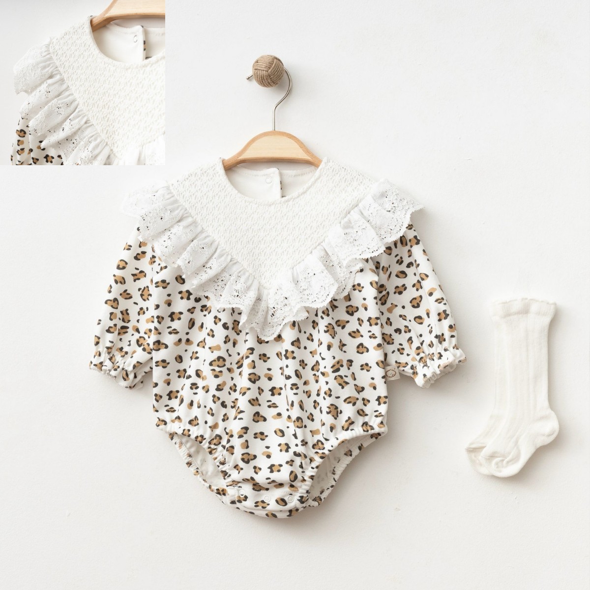 KIZ BEBEK 3-6-9-12-18 AY LEOPARLI ÇORAPLI BODY - Ekru