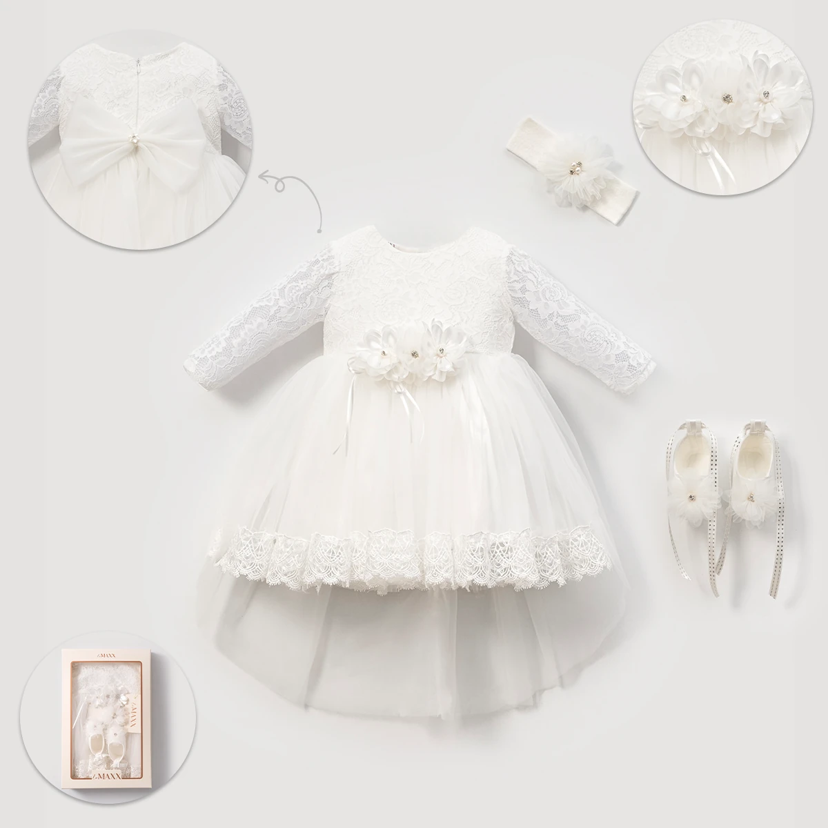 0-3/3-6 Ay Çiçekli Patikli Kuyruklu Şık Kız Bebek Mevlit Ve Özel Gün Seti