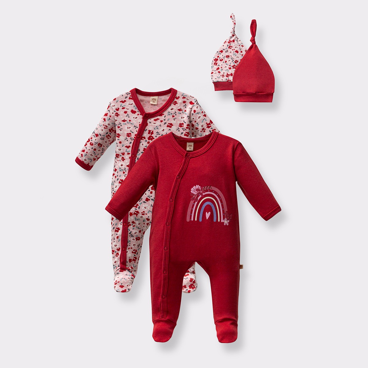 KIZ BEBEK 0/3-3/6 AY GÖKKUŞAĞI ÇİÇEK DESENLİ PAMUKLU 2Lİ TULUM - Kırmızı