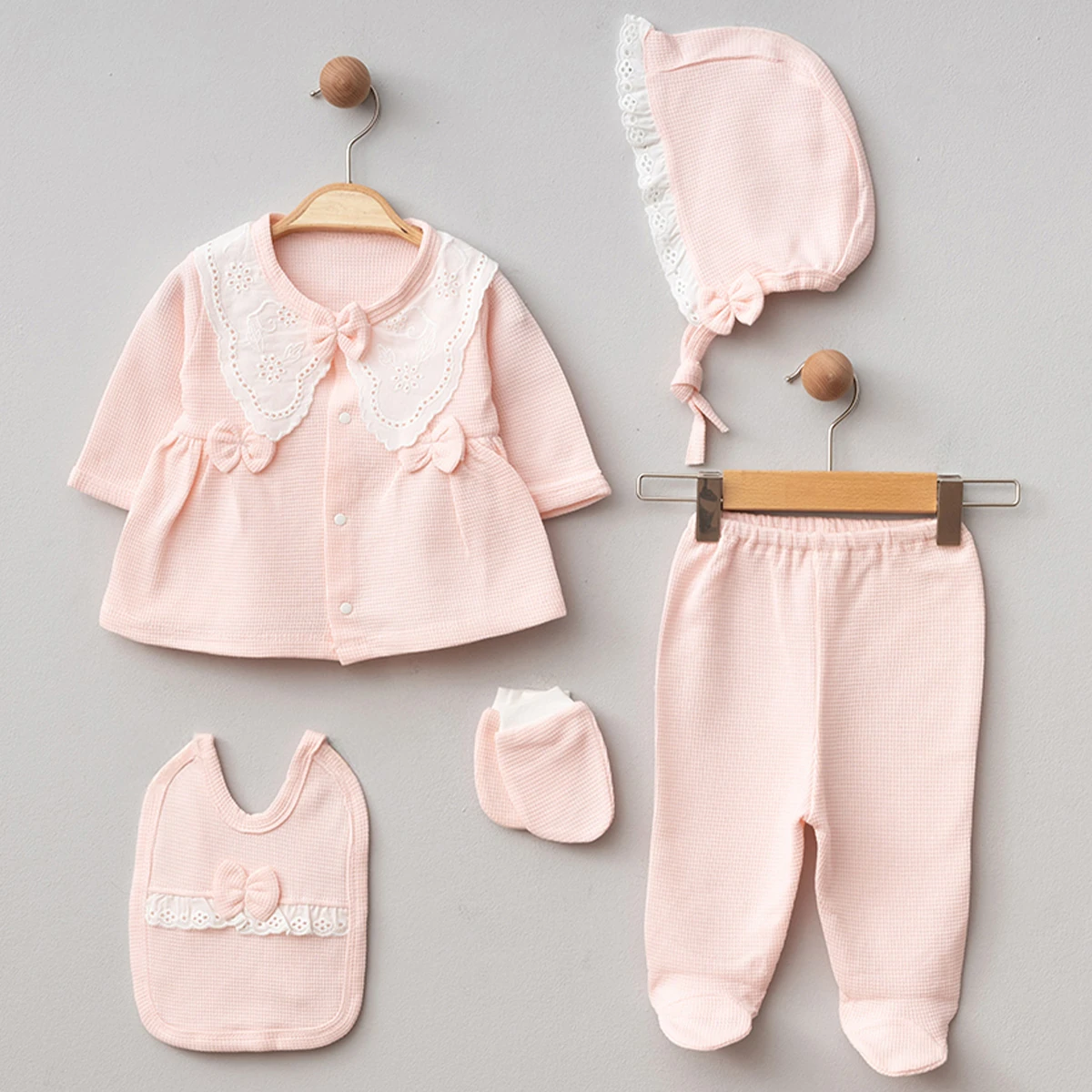 Fistolu Waffle Kumaş Kız Bebek 5'Li Hastane Çıkış Seti