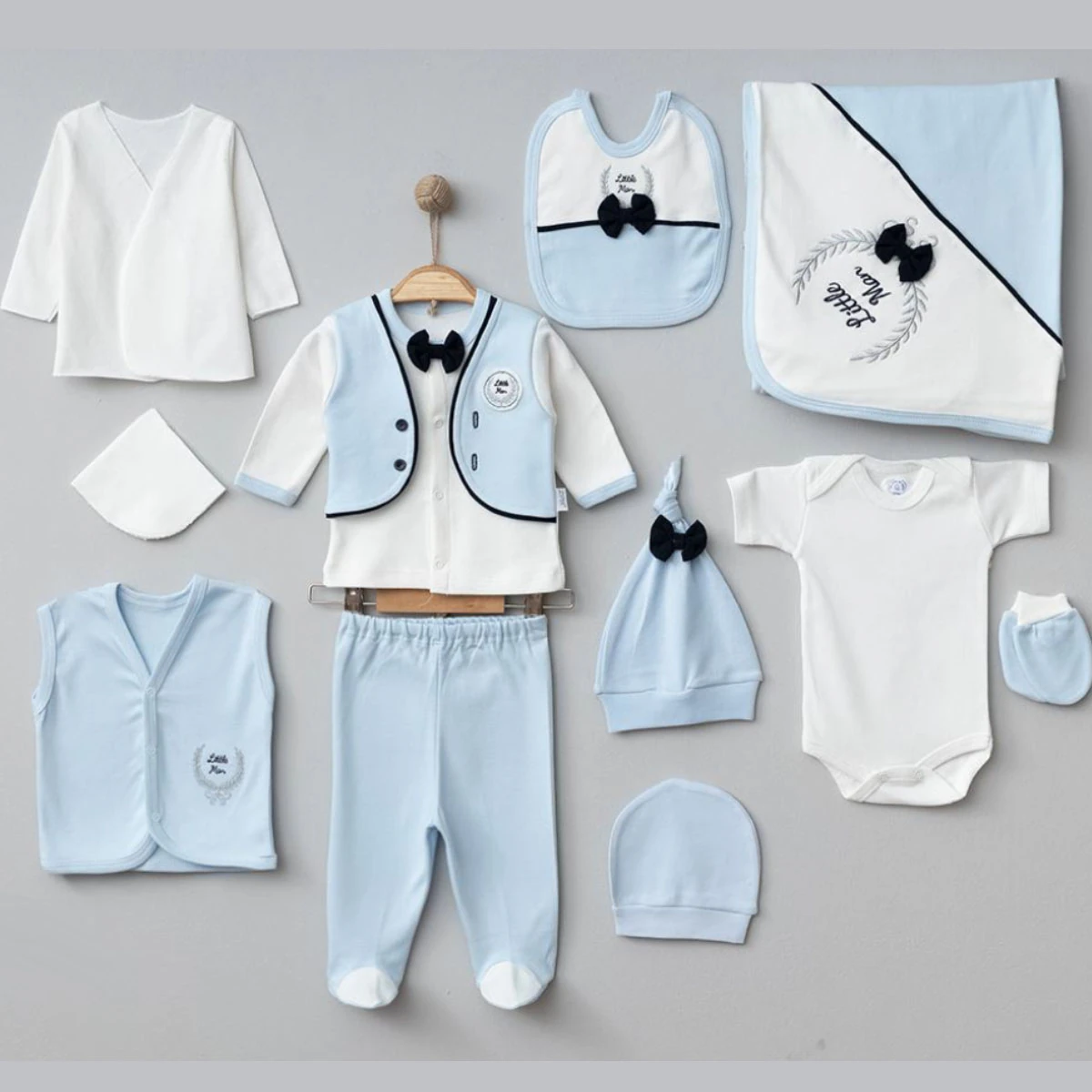 Erkek Bebek 0-3 Ay Lıttle Man Papyonlu 10Lu Hastane Çıkış Seti