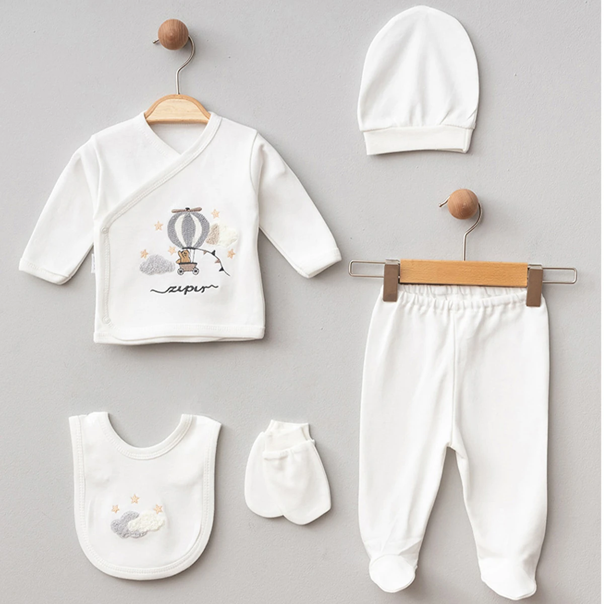Erkek Bebek 0-3 AY Balonlu Süzeneli 5Li Pamuklu Hastane Çıkış Seti