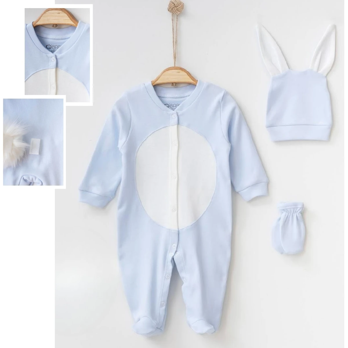 Erkek Bebek 0/3-3/6 Ay Pamuklu Tavşanlı Tulum Takım 3'lü