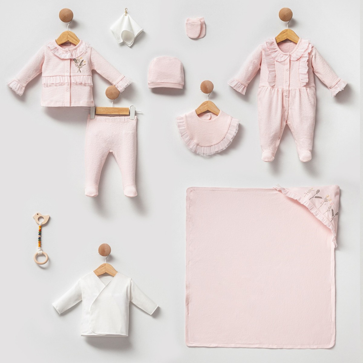 KIZ BEBEK 0-3 AY TÜL DETAY KUŞ NAKIŞLI 10LU SET - Pudra