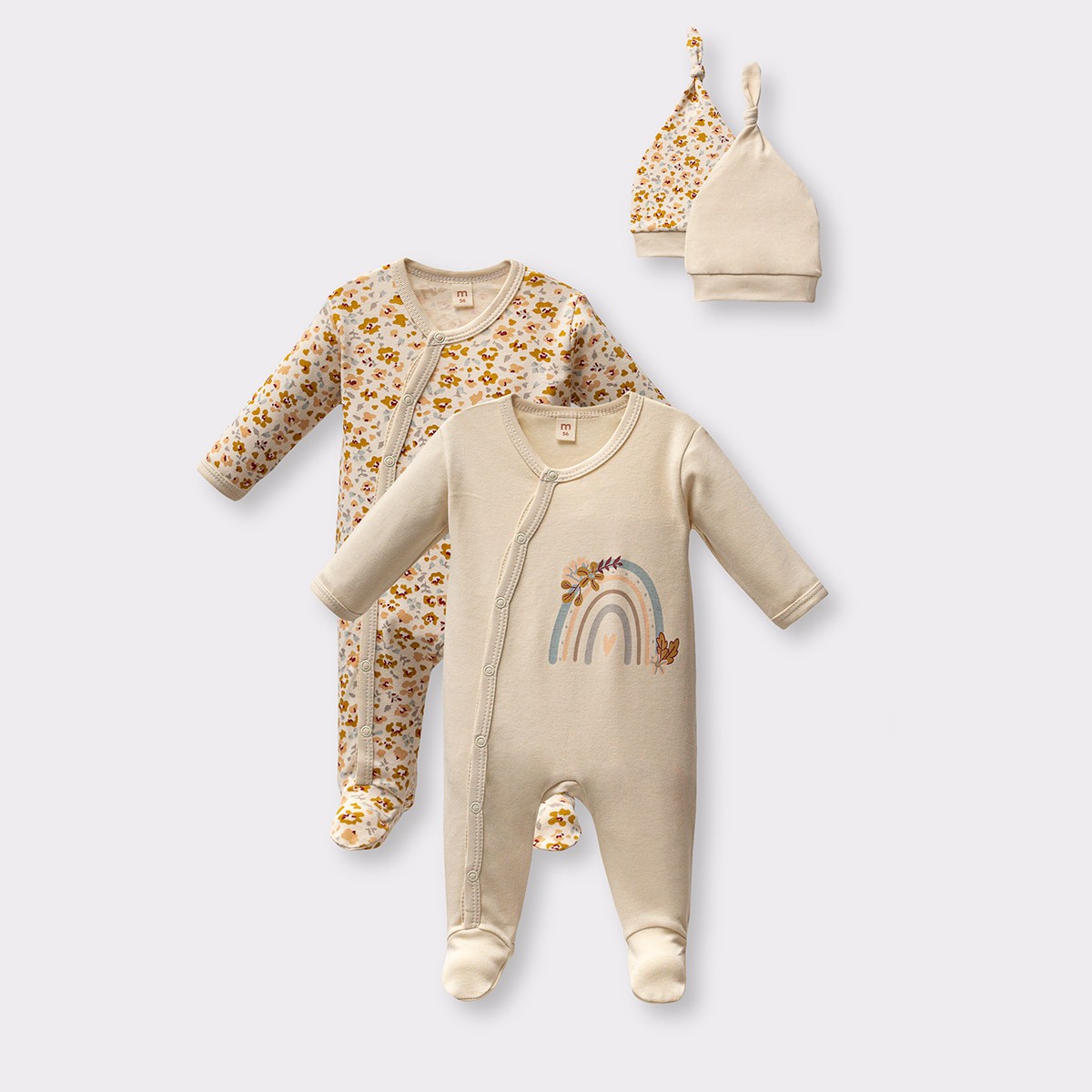 KIZ BEBEK 0/3-3/6 AY GÖKKUŞAĞI ÇİÇEK DESENLİ PAMUKLU 2Lİ TULUM - Krem