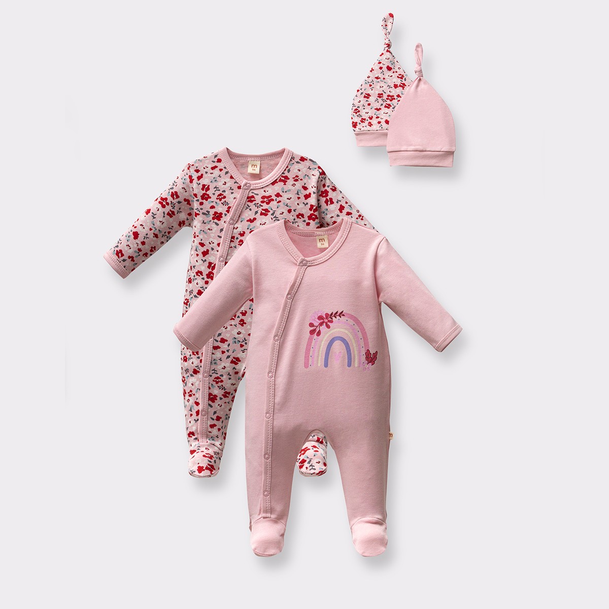 KIZ BEBEK 0/3-3/6 AY GÖKKUŞAĞI ÇİÇEK DESENLİ PAMUKLU 2Lİ TULUM - Pembe