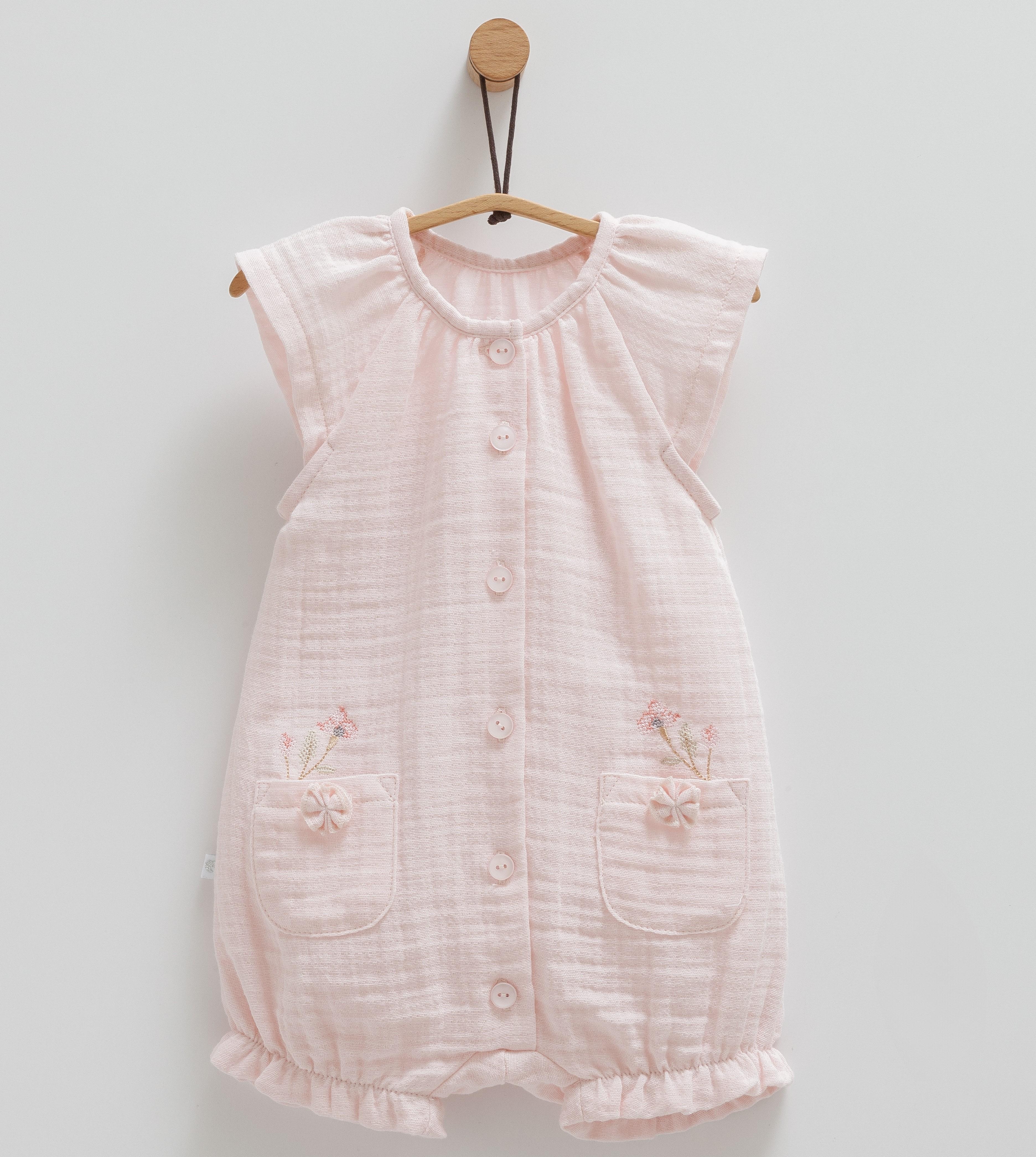 Caramell Little Gırl Müslin Kumaş Kız Bebek Çiçekli Barbatöz Tulum - Pembe