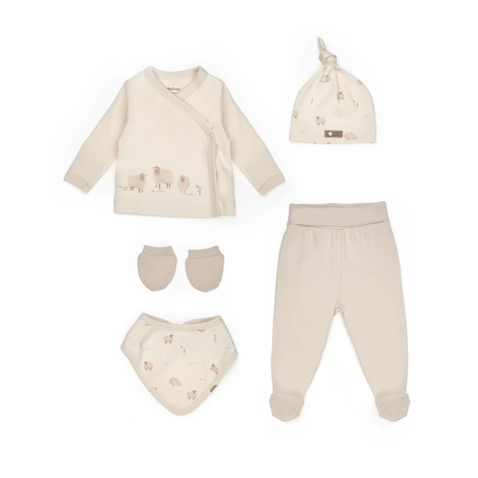 Organik Unısex Lamb Kuzulu 0-3 Ay 5Li Kutulu Hastane Çıkış Seti