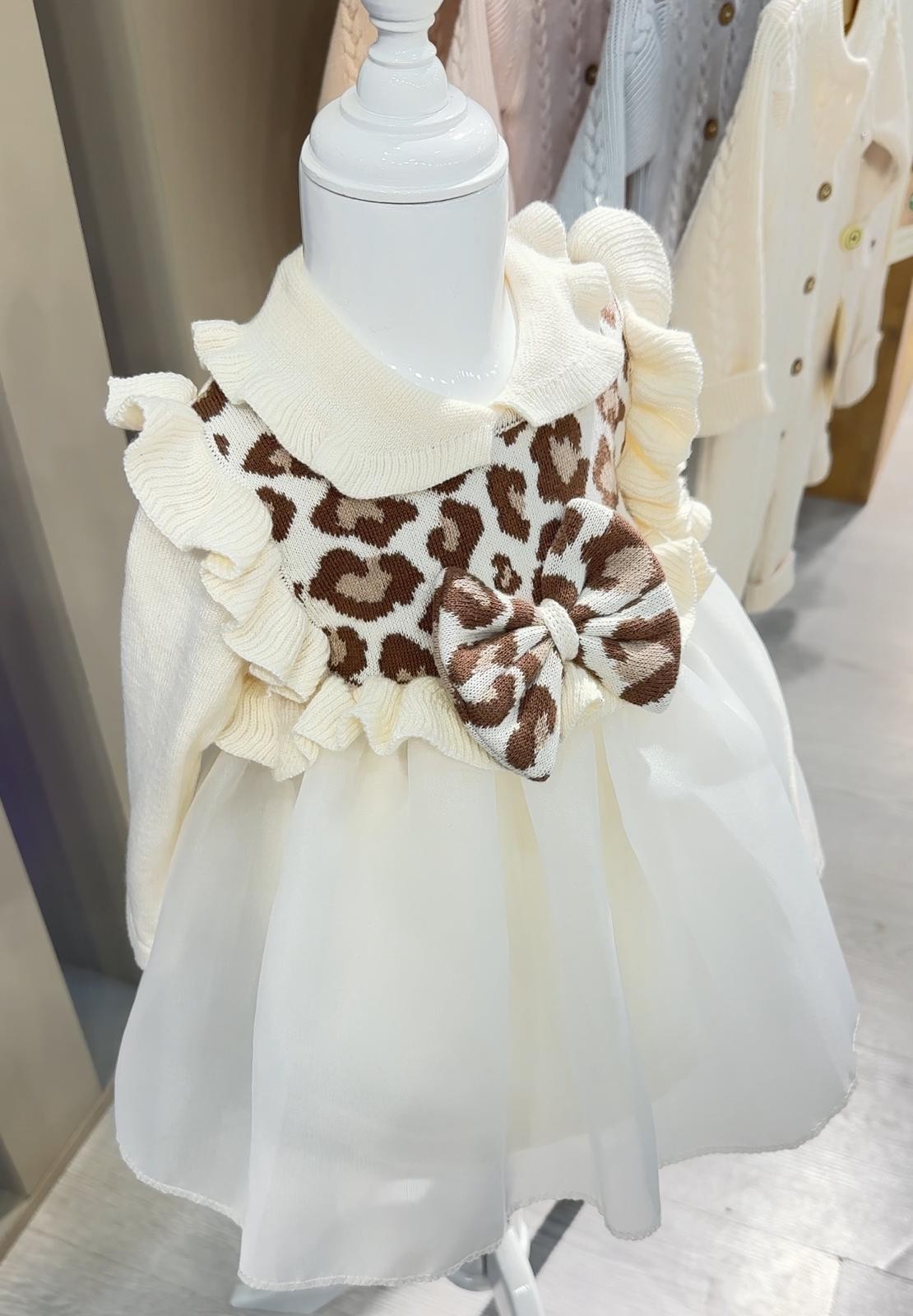 Leopar Desenli Astarlı Triko Kız Bebek Elbise