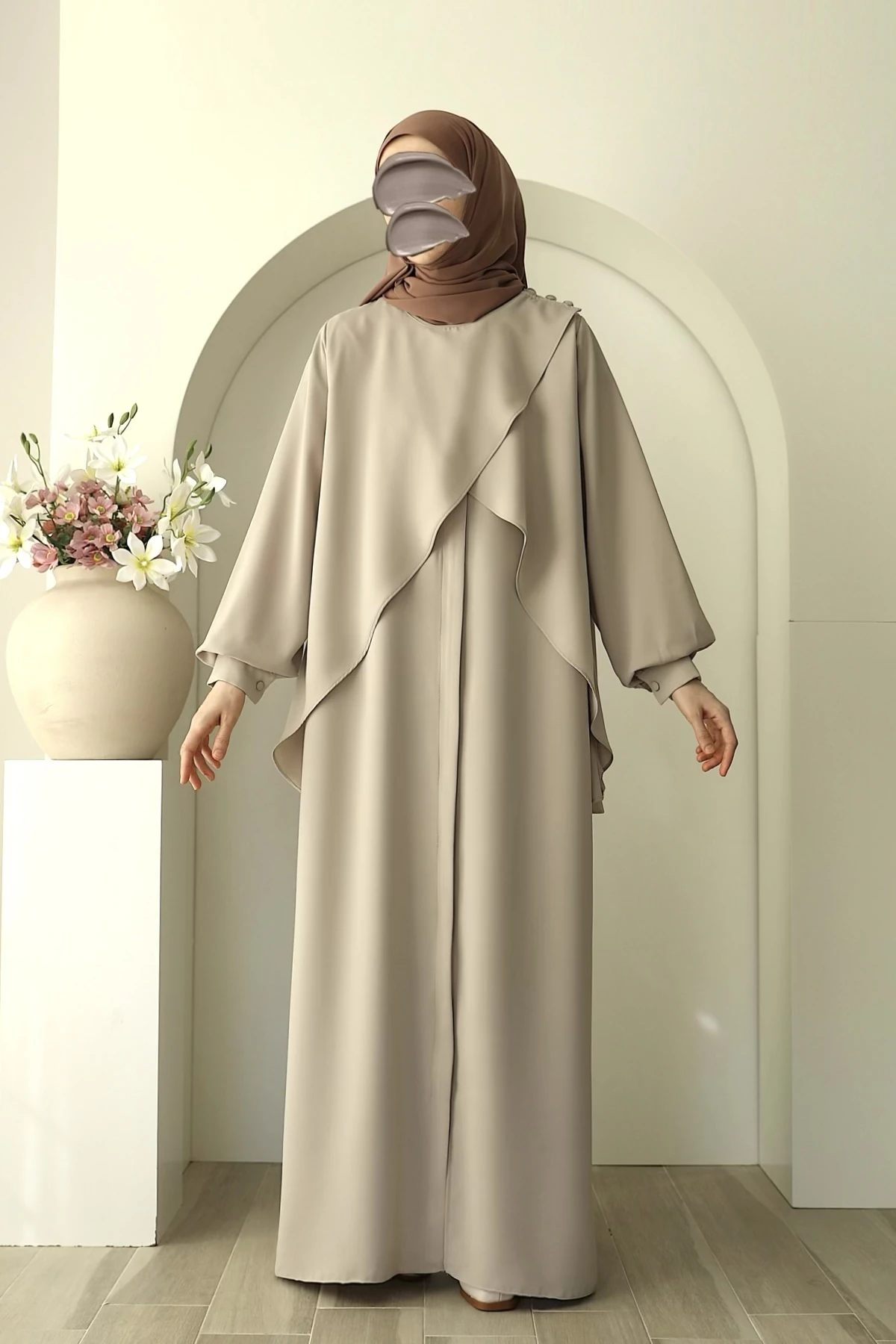 Fermuarlı Allerli Ferace - Taş