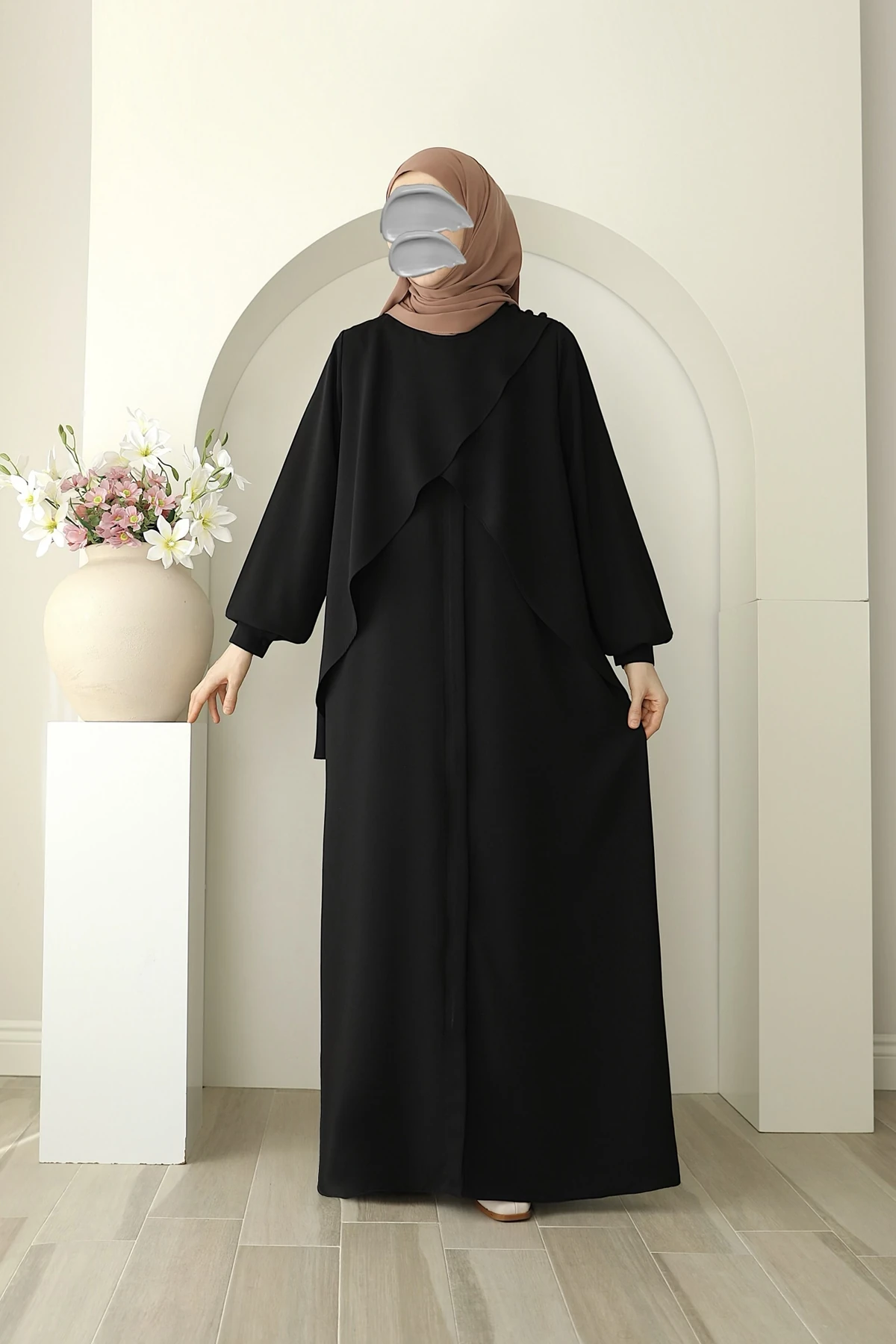 Fermuarlı Allerli Ferace - Siyah