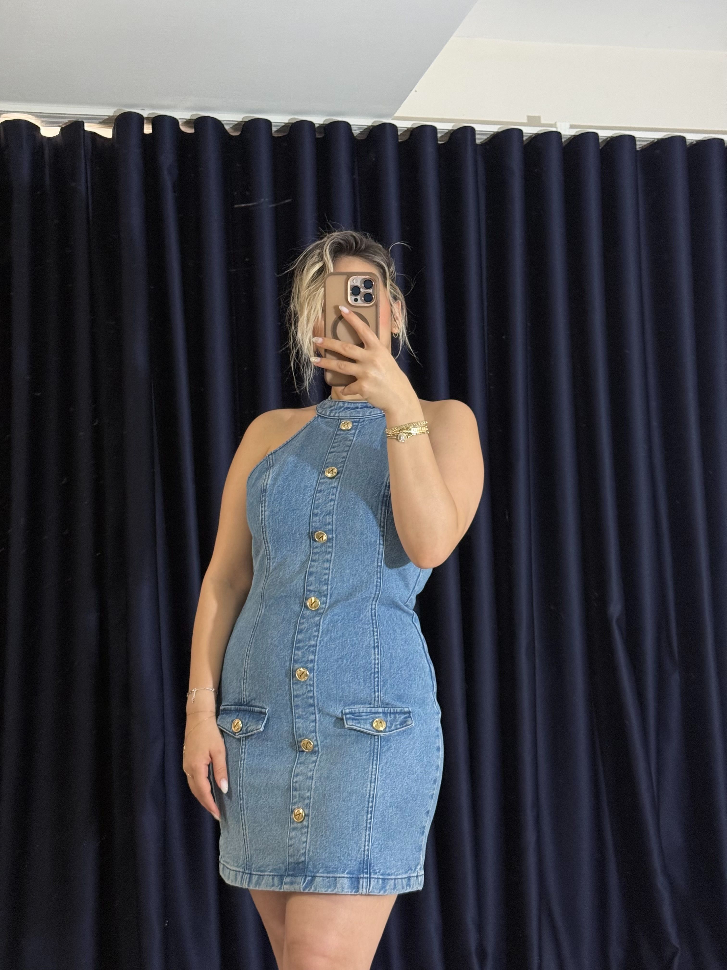 Premium Halter Yaka Kısa Kot Elbise