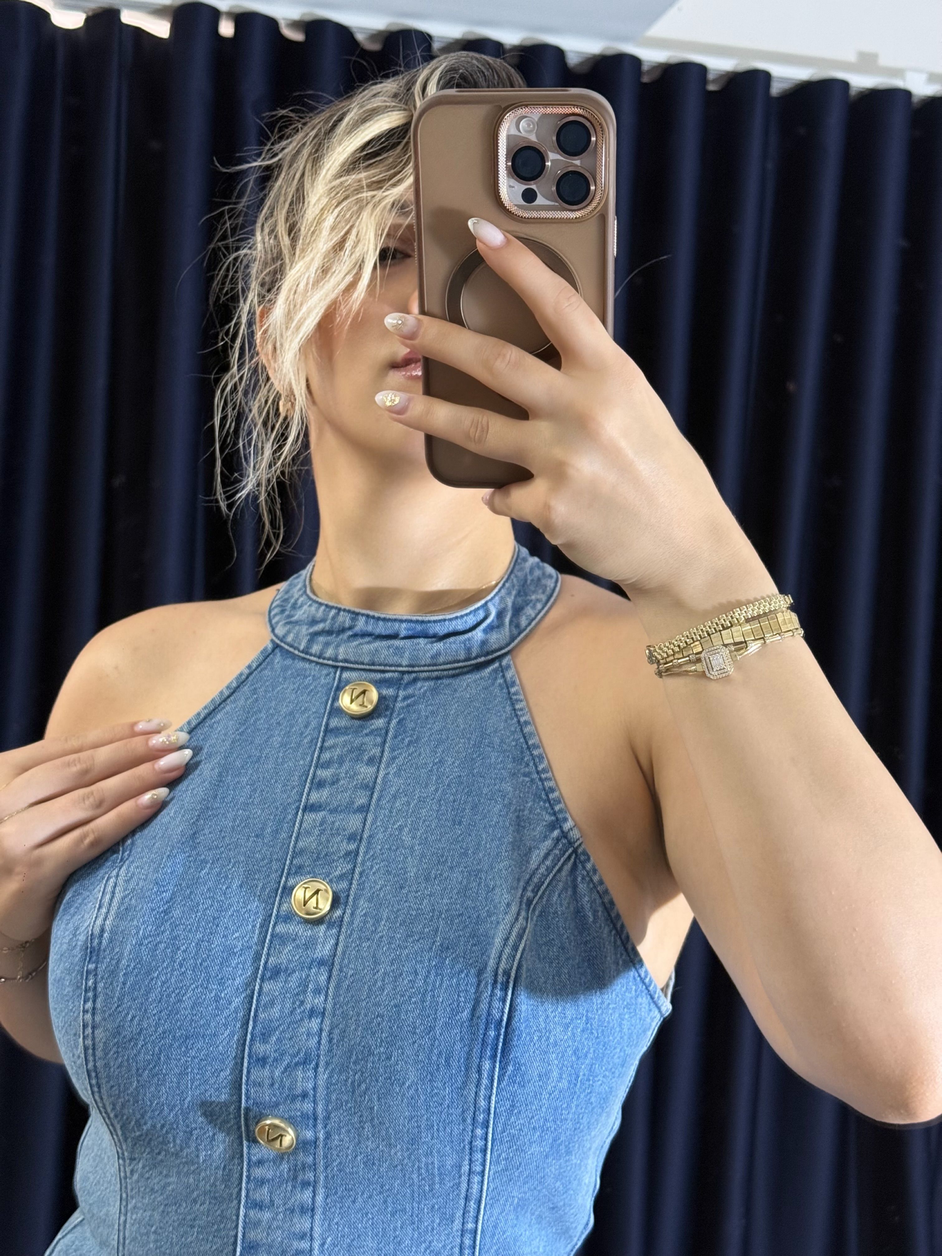 Premium Halter Yaka Kısa Kot Elbise