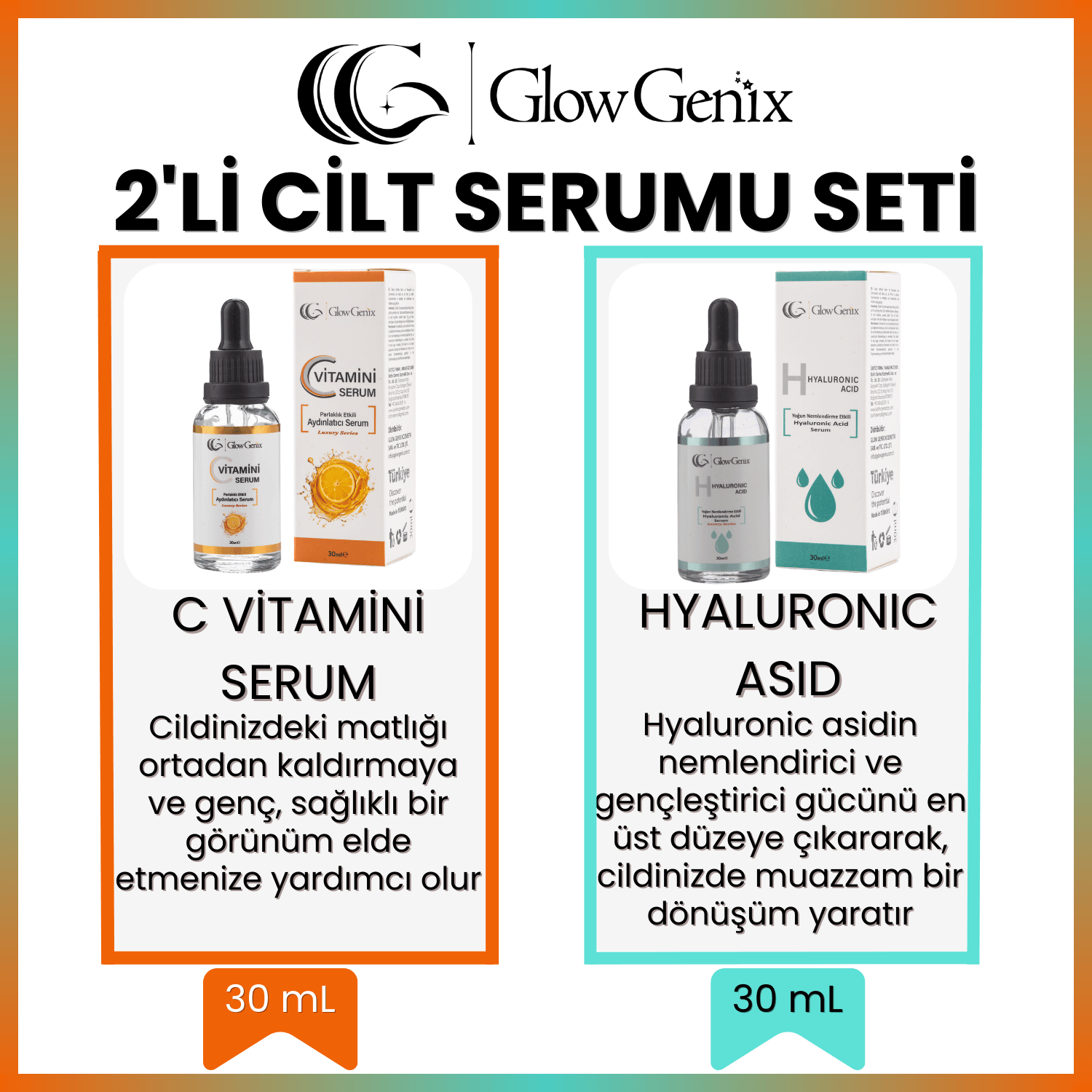 2'li Cilt Serumu Seti | C Vitamini Serum | Hyaluronic Asid Serum