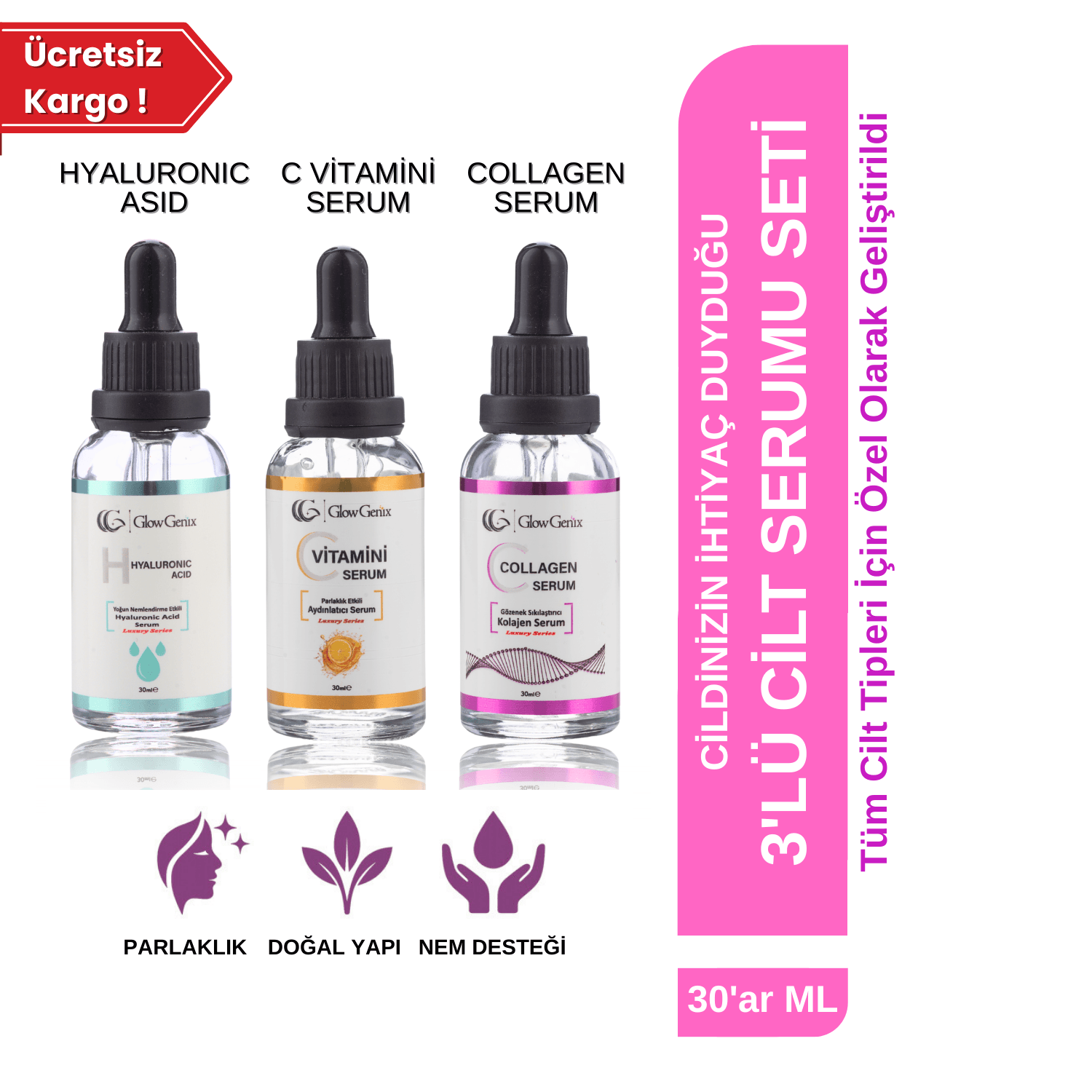 3'lü Cilt Serumu Seti | C Vitamini Serum | Hyaluronic Asid Serum | Collagen (Kolajen) Serum