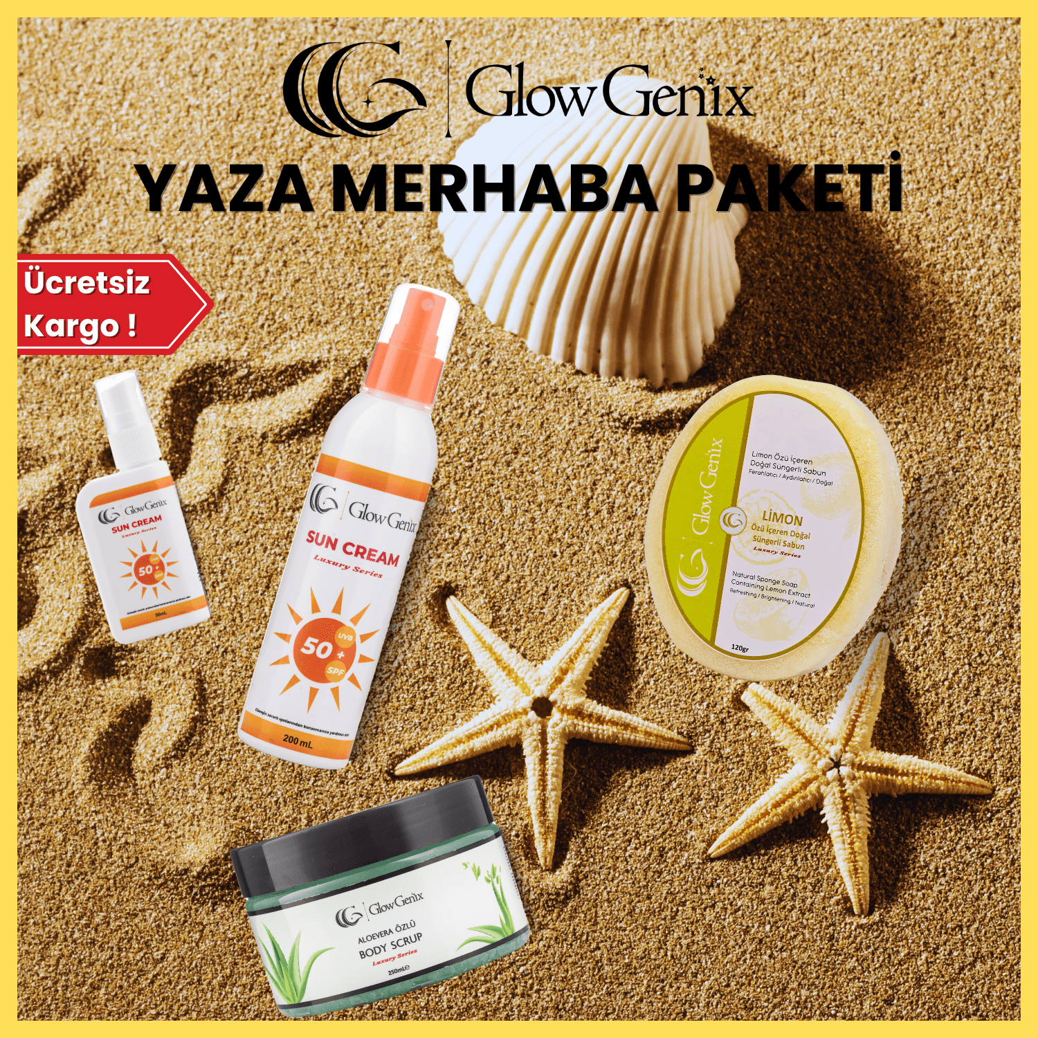 Yaza Merhaba Paketi | 2 Adet Güneş Kremi + Body Scrub + Limon Özü İçeren Doğal Süngerli Sabun