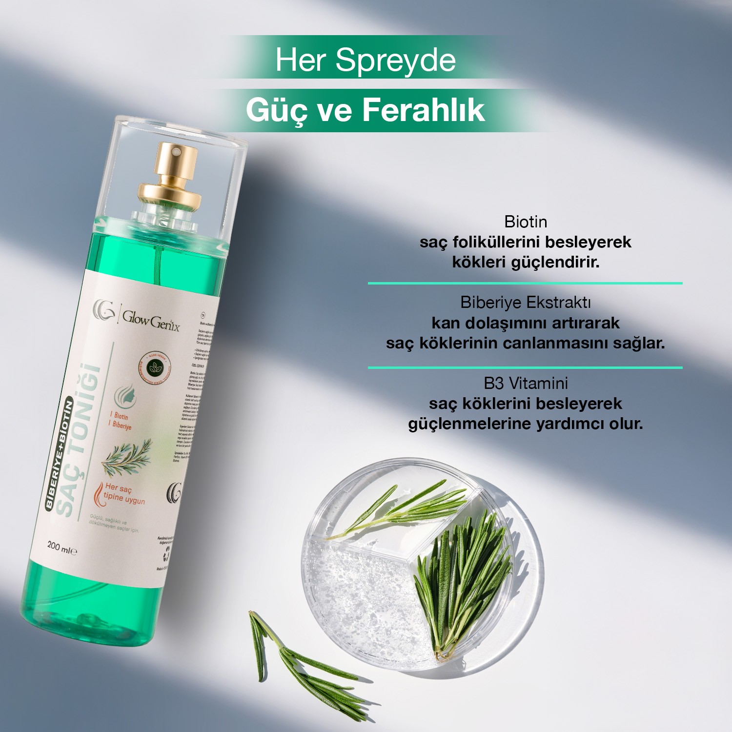 Biberiye ve Biotin İçeren %100 Doğal ve Saf Saç Toniği | 200 ml