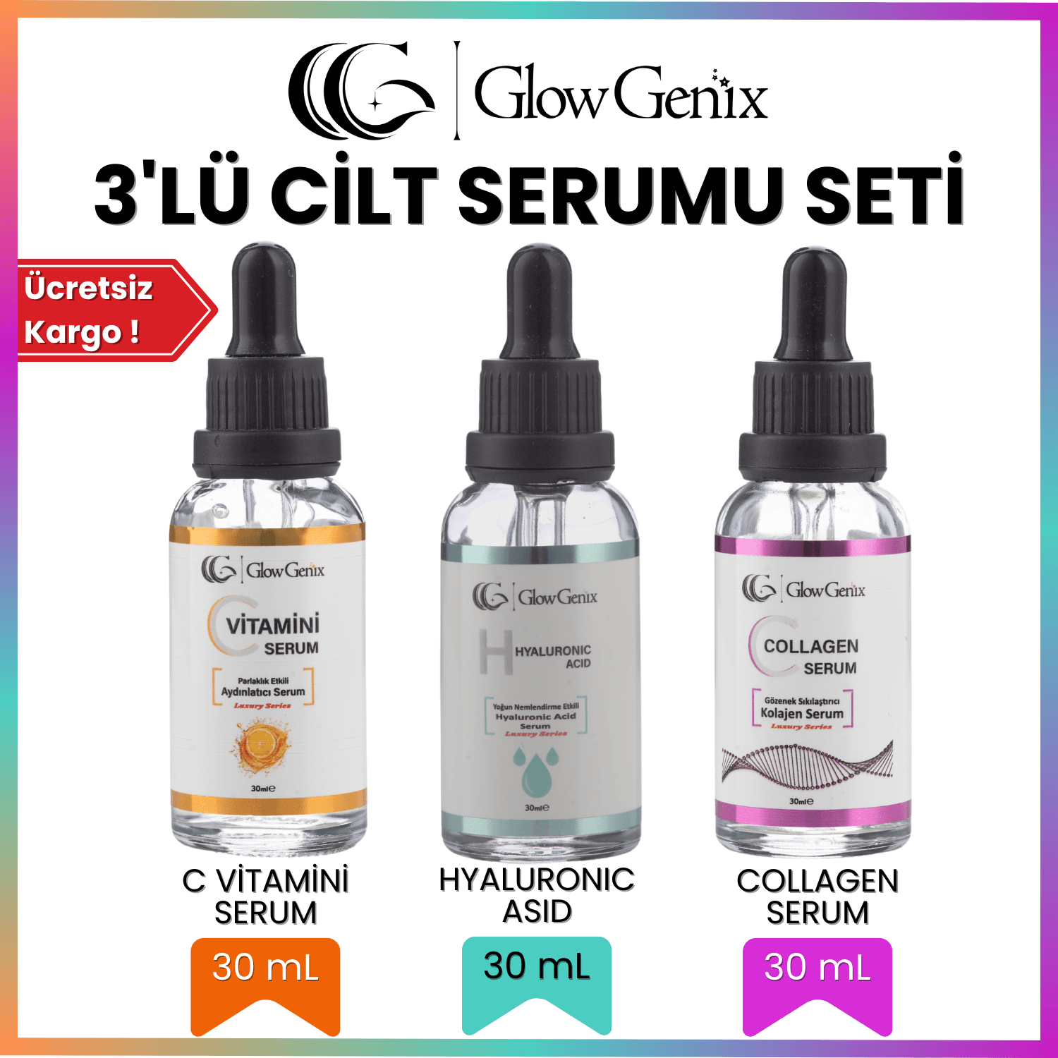 3'lü Cilt Serumu Seti | C Vitamini Serum | Hyaluronic Asid Serum | Collagen (Kolajen) Serum