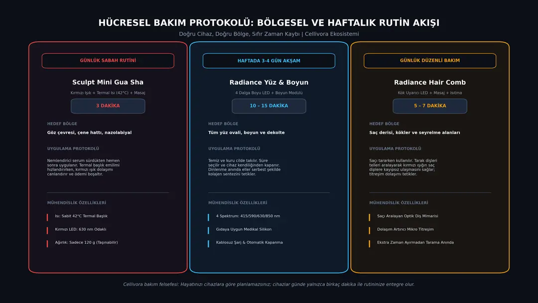 Şekil 3: Sabah, akşam ve günlük saç bakımında Cellivora cihazlarının entegre seans akışı.