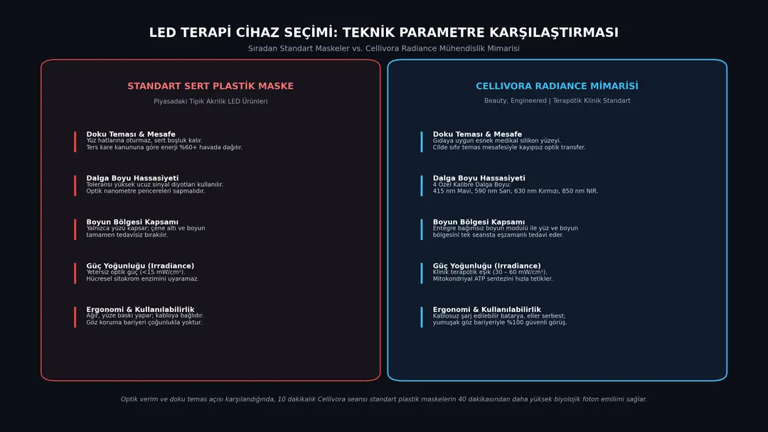 Şekil 2: Akrilik sert maskeler ile esnek medikal silikon ve boyun modüllü Cellivora Radiance mimarisinin teknik parametre karşılaştırması.