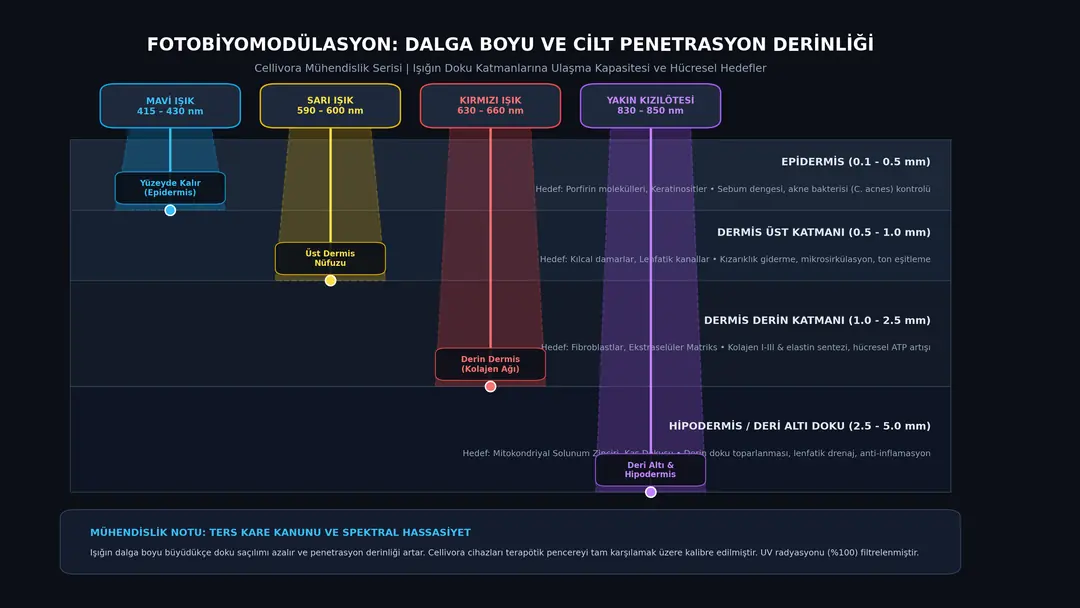 Şekil 1: Dalga boyu spektrumu, cilt katmanları (Epidermis, Dermis, Hipodermis) ve hücresel etki derinlikleri.