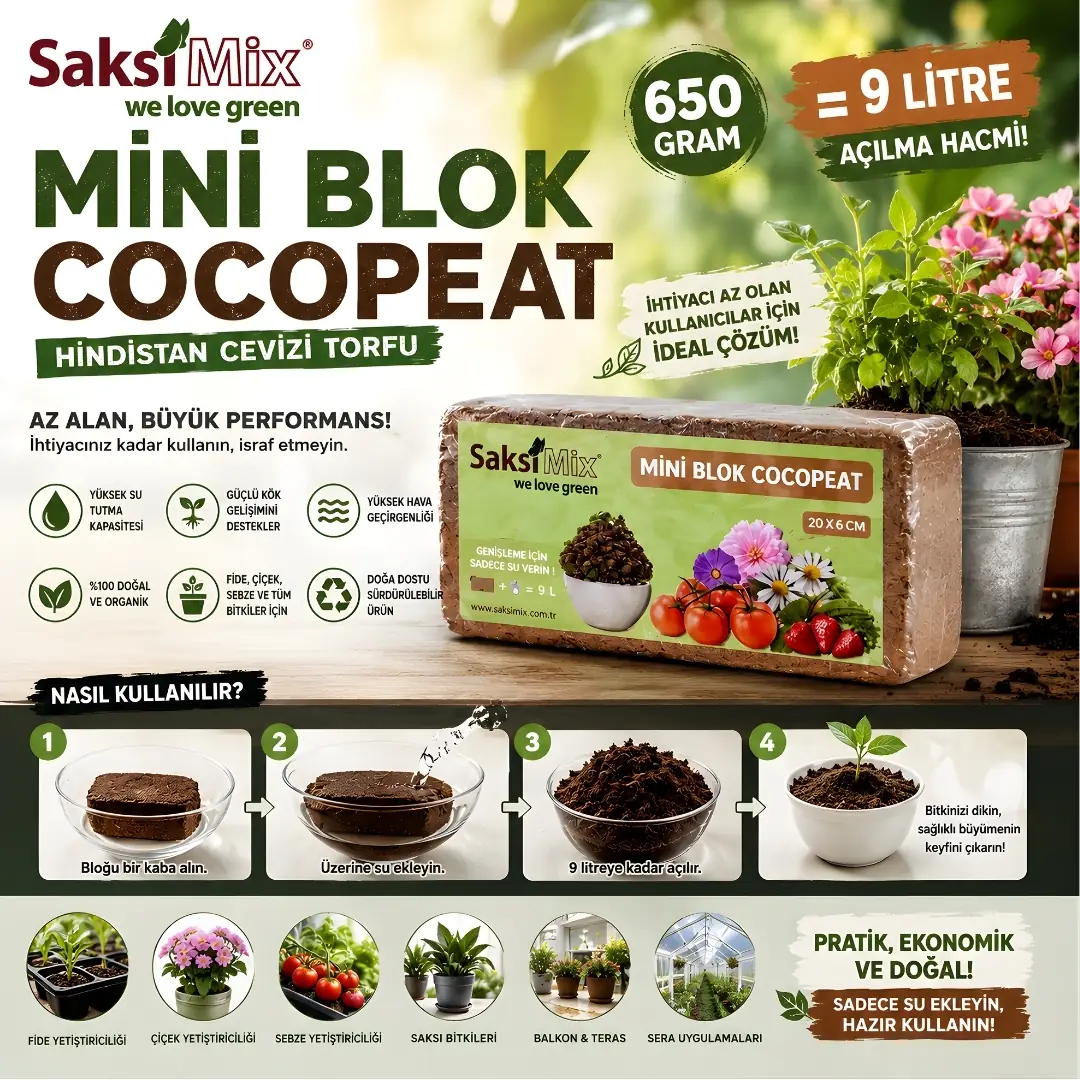 Saksi Mix Mini Blok Cocopeat 650 Gram | Hindistan Cevizi Torfu