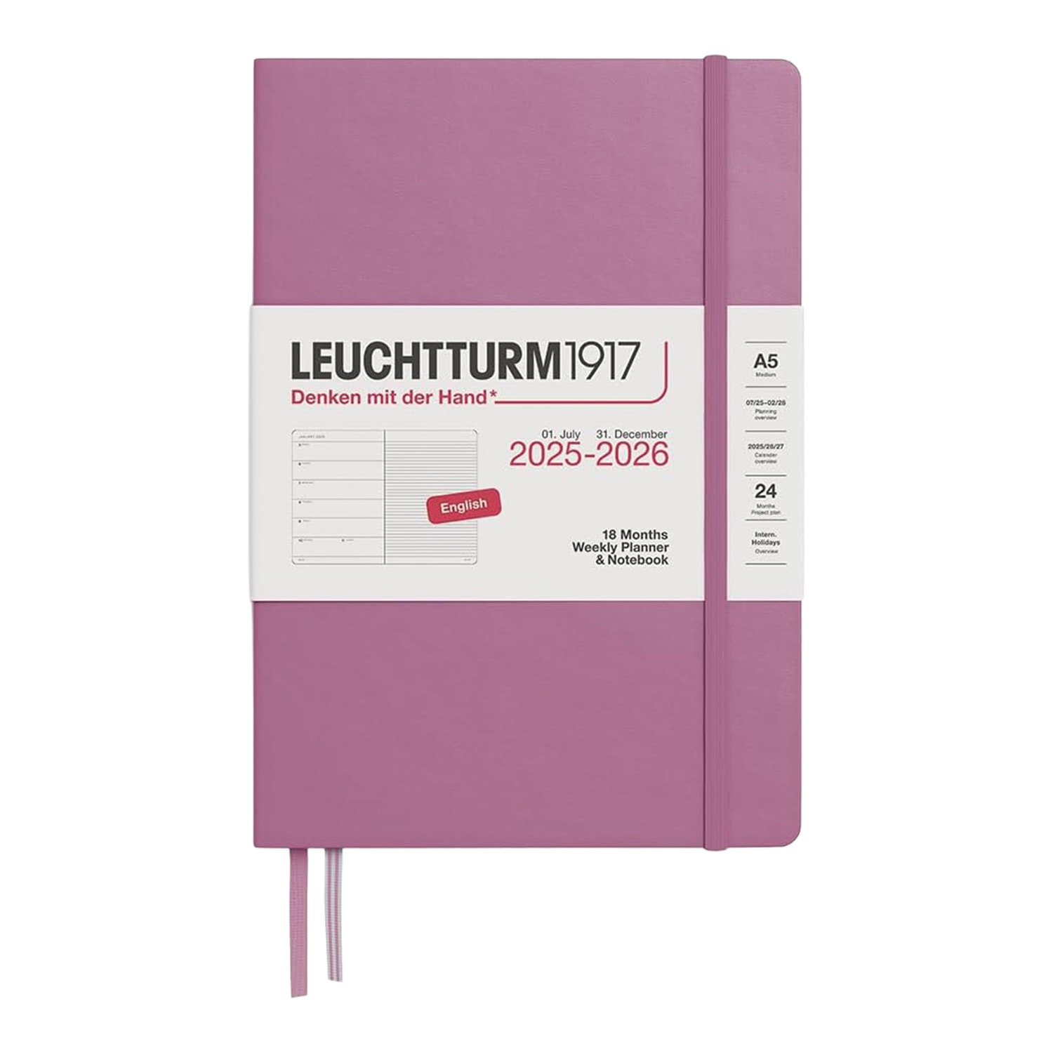 Leuchtturm1917 A5 2026 Sert Kapak İngilizce 18 Aylık Ajanda ve Not Defteri - Tozlu Gül