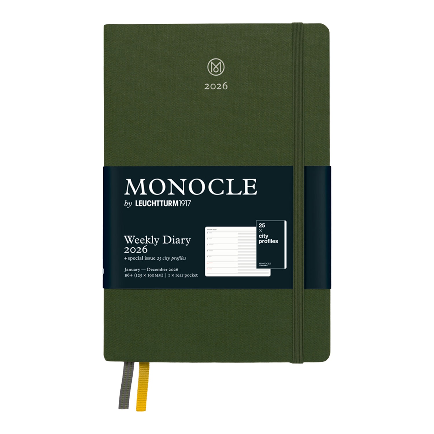 Leuchtturm1917 Monocle Serisi B6+ 2026 Sert Kapak İngilizce Haftalık Ajanda ve Not Defteri - Zeytin Yeşili
