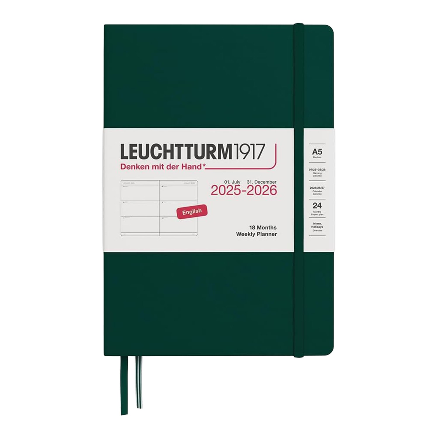 Leuchtturm1917 A5 2026 Sert Kapak İngilizce 18 Aylık Ajanda - Orman Yeşili