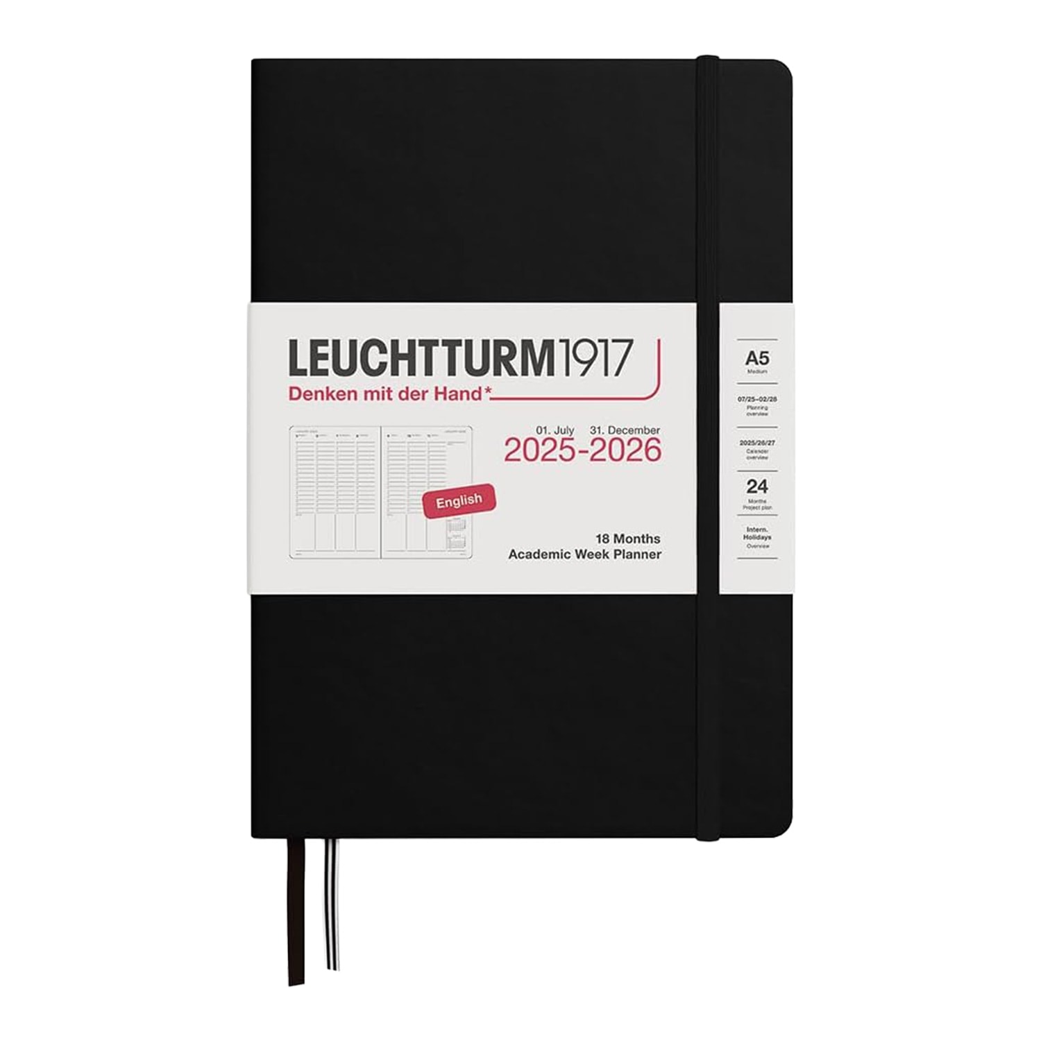 Leuchtturm1917 A5 2026 Sert Kapak İngilizce 18 Aylık Hafta Ajandası - Siyah
