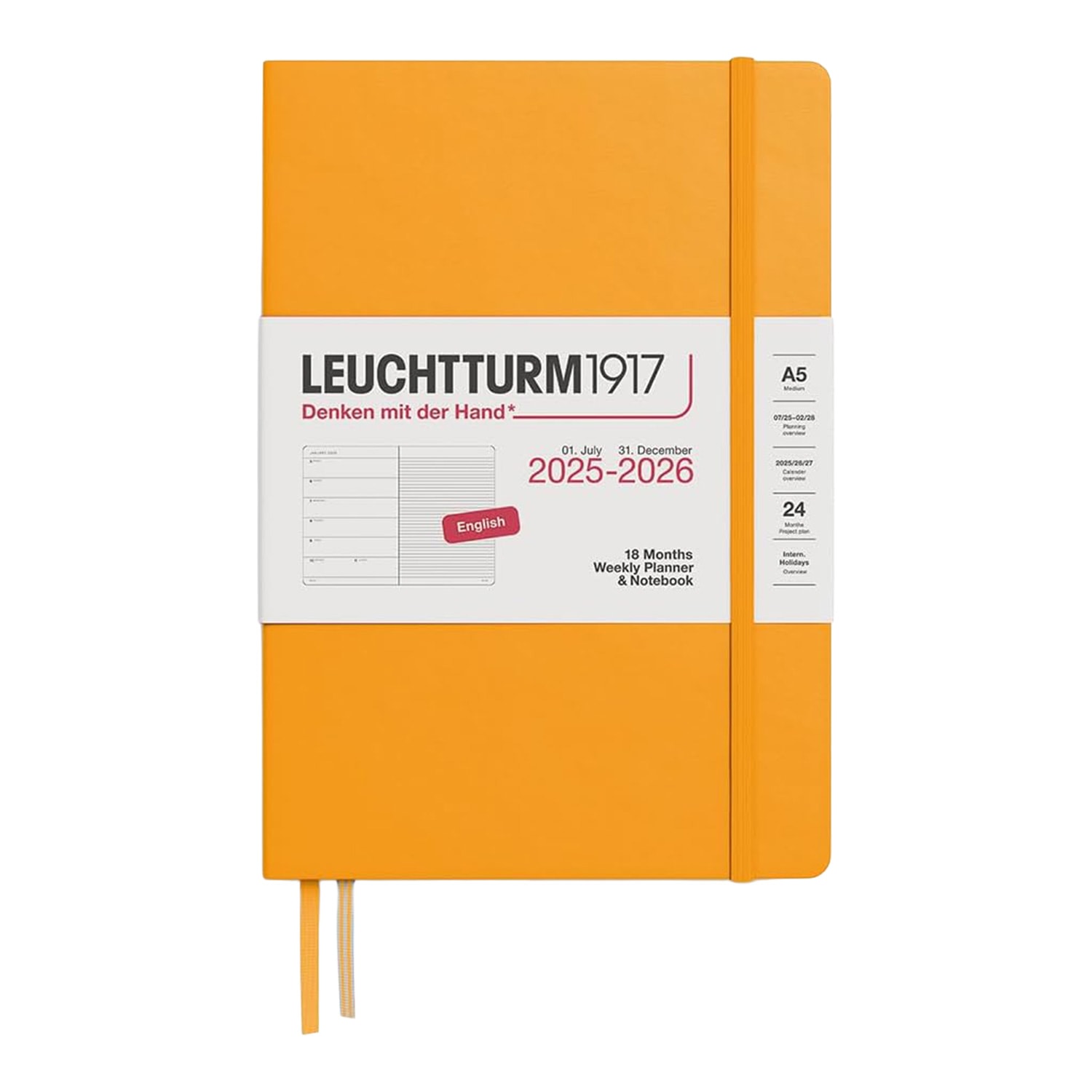Leuchtturm1917 A5 2026 Sert Kapak İngilizce 18 Aylık Ajanda ve Not Defteri - Gündoğumu Sarısı