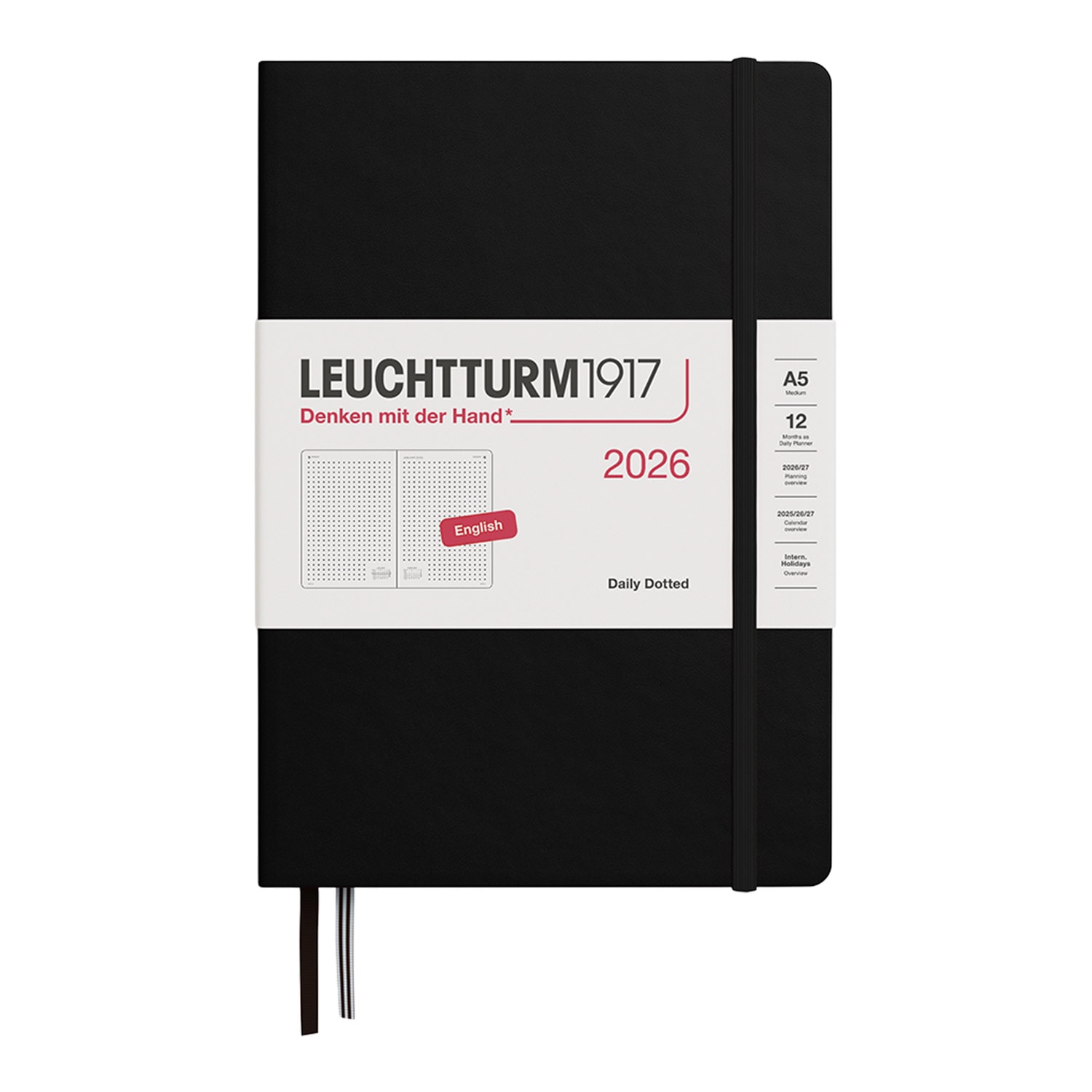 Leuchtturm1917 A5 2026 Sert Kapak İngilizce Günlük Ajanda - Siyah
