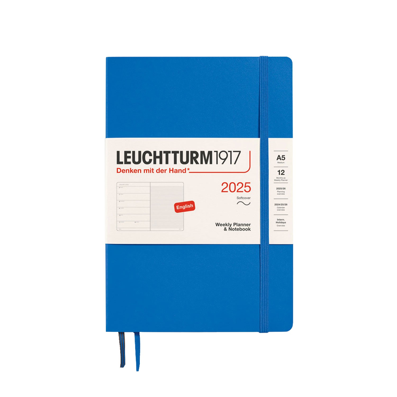 Leuchtturm1917 A5 2025 Yumuşak Kapak İngilizce Haftalık Ajanda ve Not Defteri - Gökyüzü Mavisi