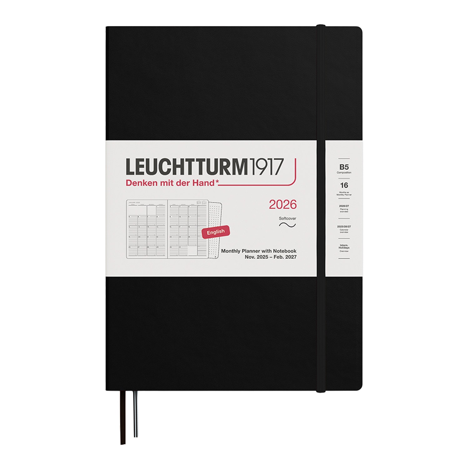 Leuchtturm1917 B5 2026 Yumuşak Kapak İngilizce 16 Aylık Ajanda ve Not Defteri - Siyah