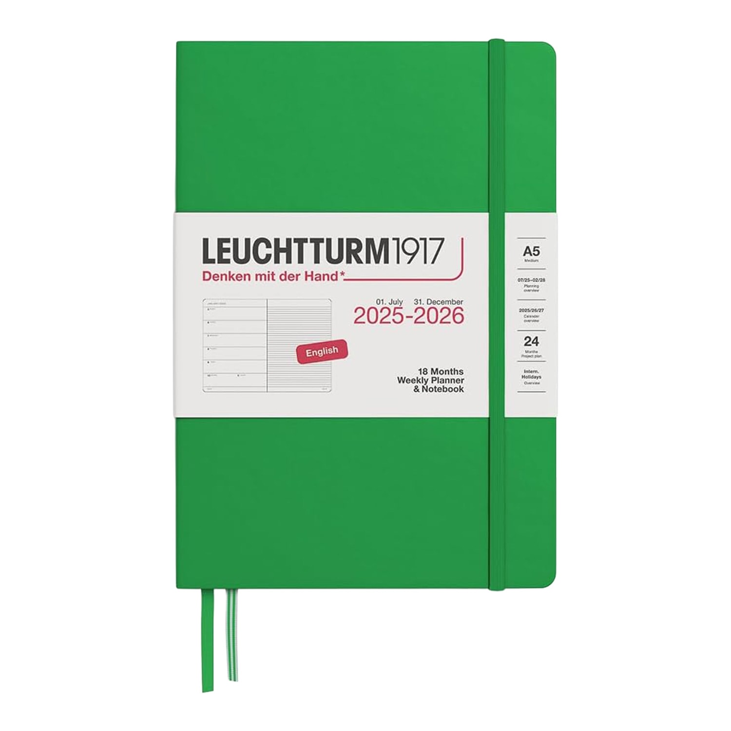 Leuchtturm1917 A5 2026 Sert Kapak İngilizce 18 Aylık Ajanda ve Not Defteri - Bahar Yaprağı