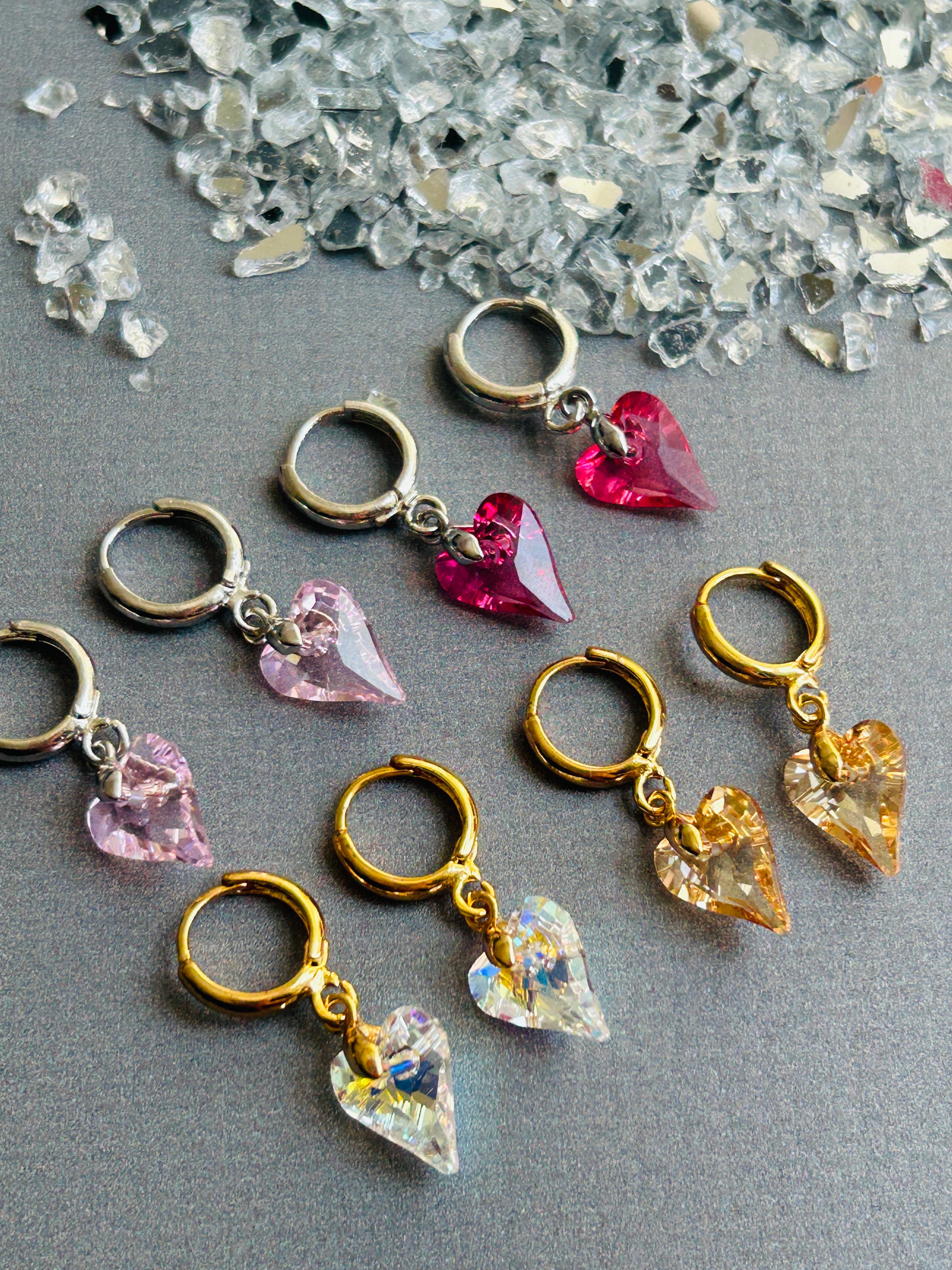 Pinky Mini Swarovski Kristal Taş Kalp Küpe Çift