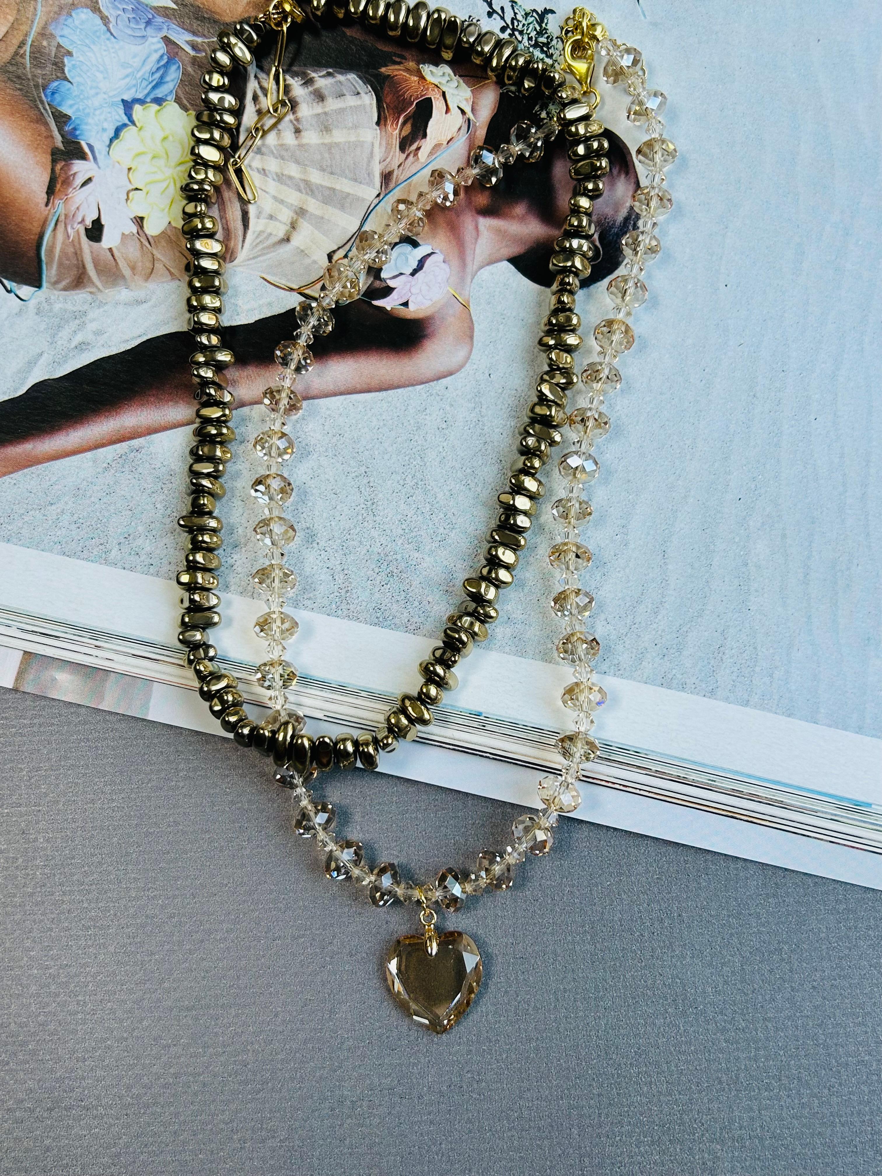 Swarovski Kristal Boncuk Yassı Gold Kolye
