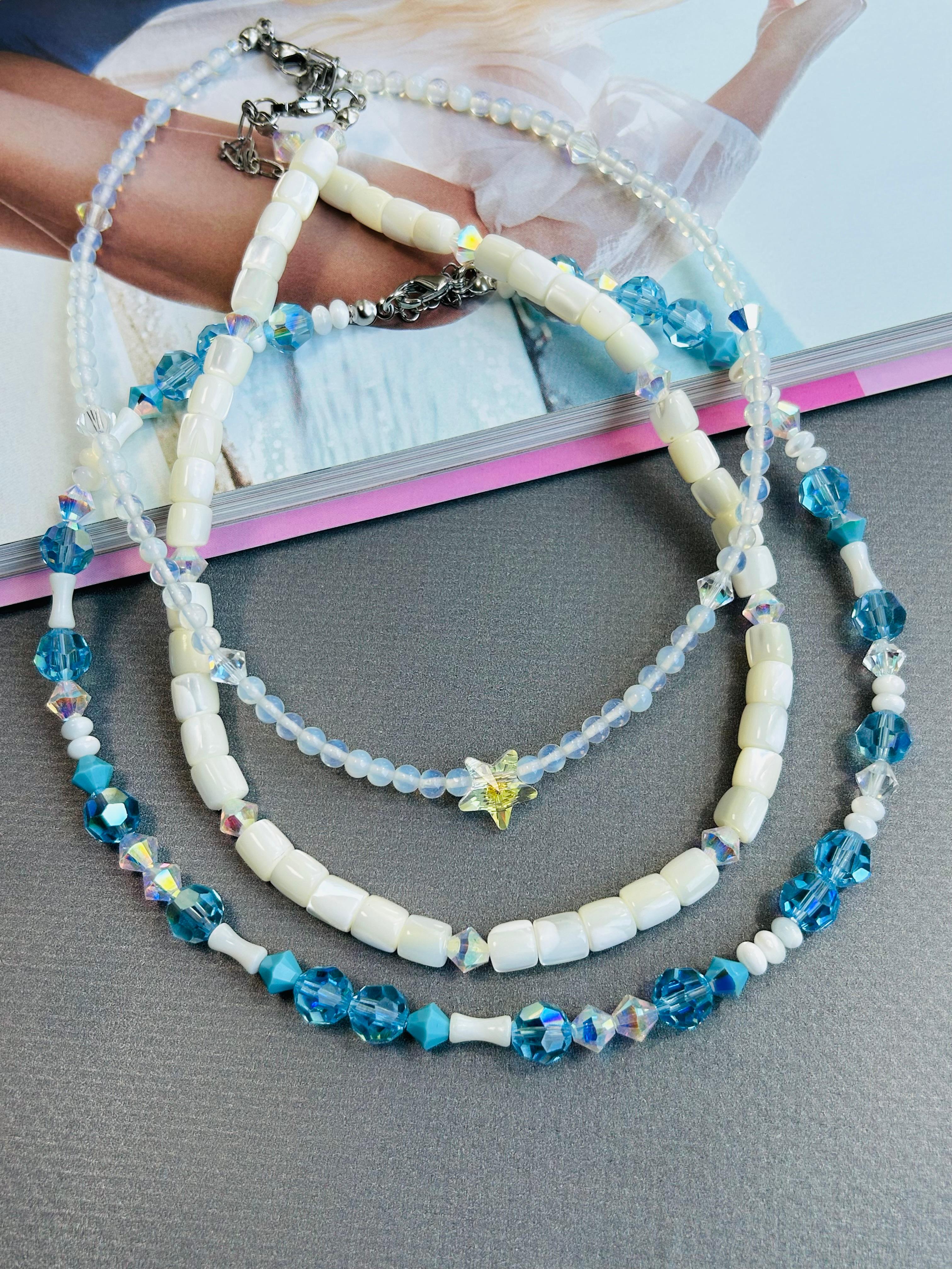 Mavi Swarovski Kristal Boncuk Mix Kolye