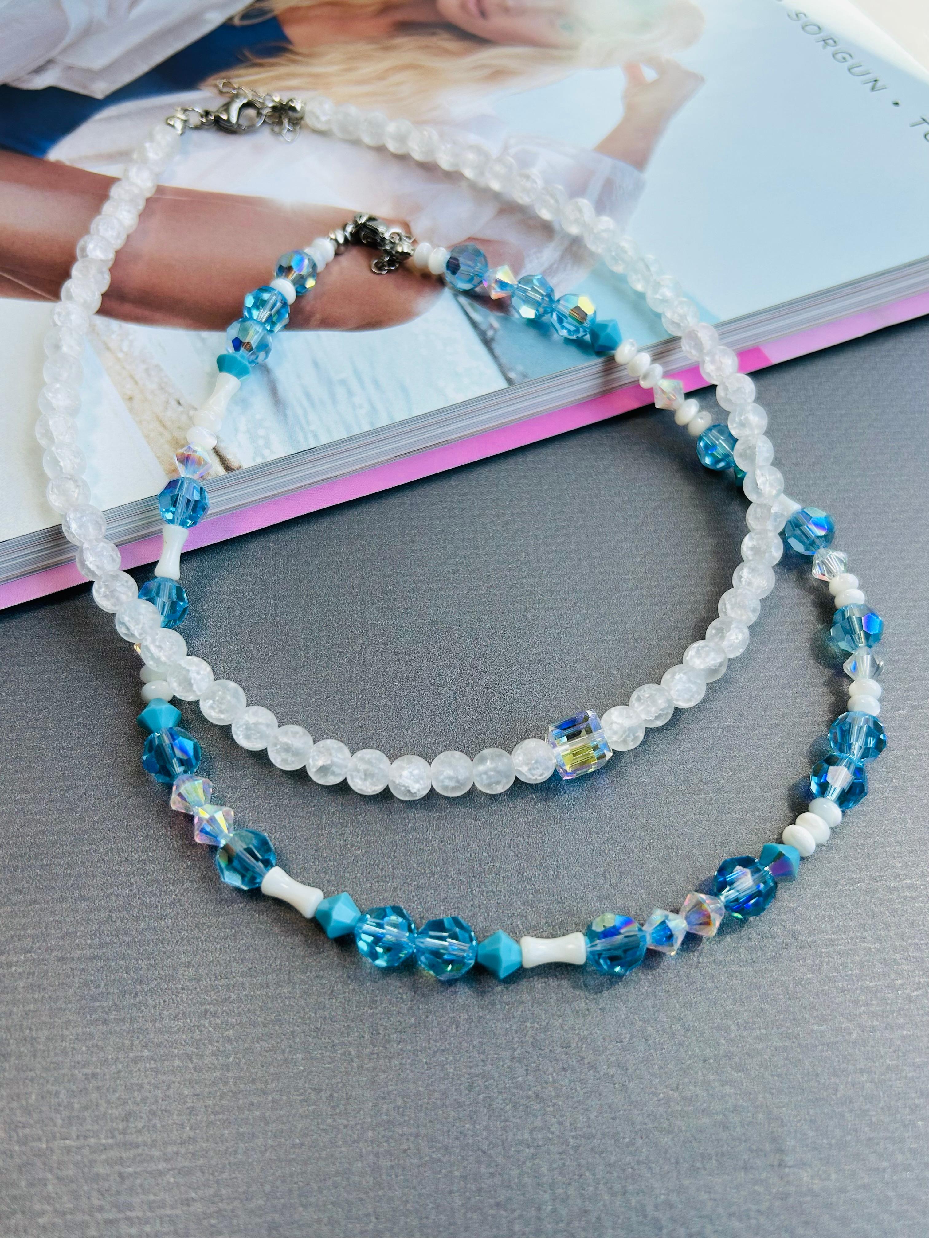 Mavi Swarovski Kristal Boncuk Mix Kolye