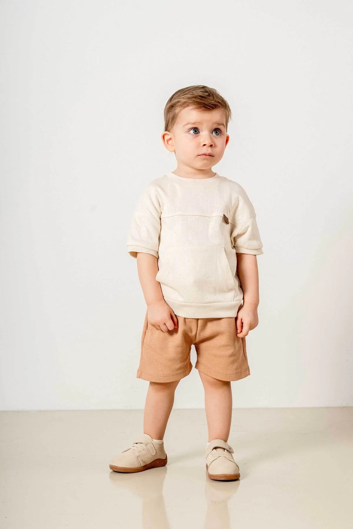  Bebek Çocuk Kahverengi Pamuklu 2'li Şortlu Takım Trend Moda Alt Üst Takım
