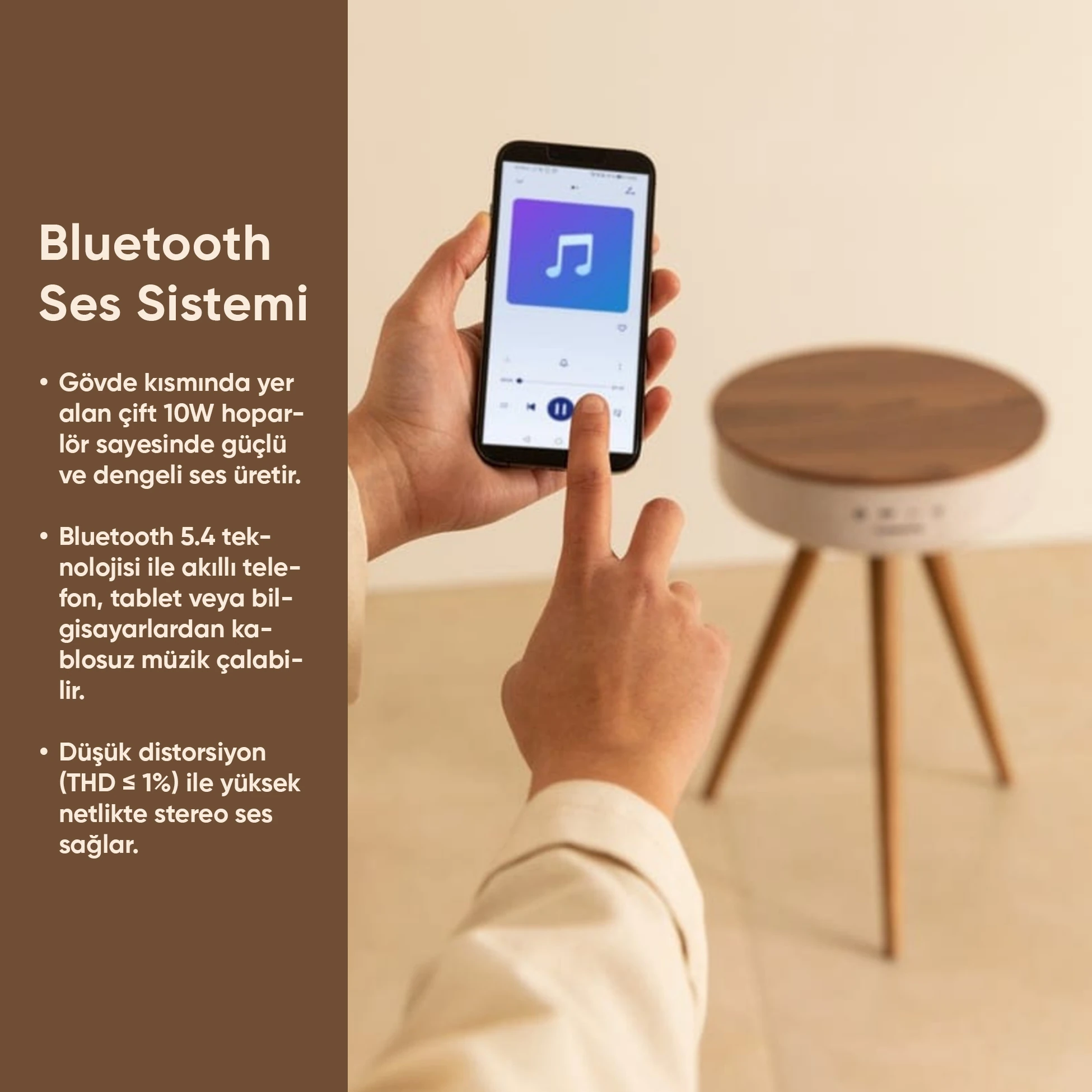 Bluetooth Hoparlör Hızlı Şarj Destekli Ahşap Ayaklı Kablolu Sehpa Speaker Fr-sh2502 Nature