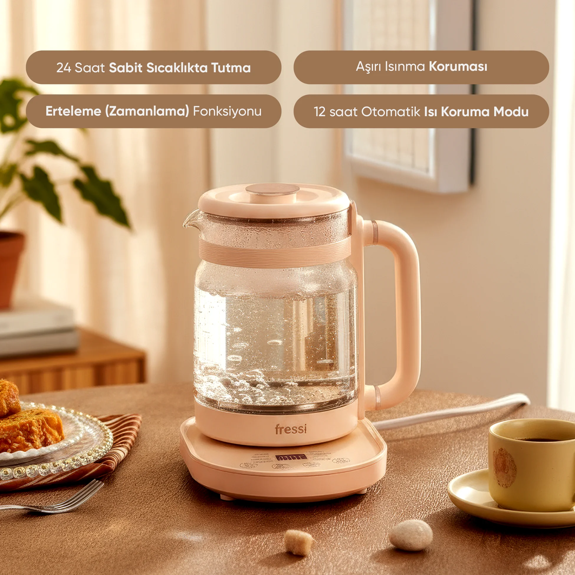 FR-KT04 1,6L 800W Dijital Göstergeli Elektrikli Cam Su Isıtıcısı Kettle Bitki Çayı Makinesi