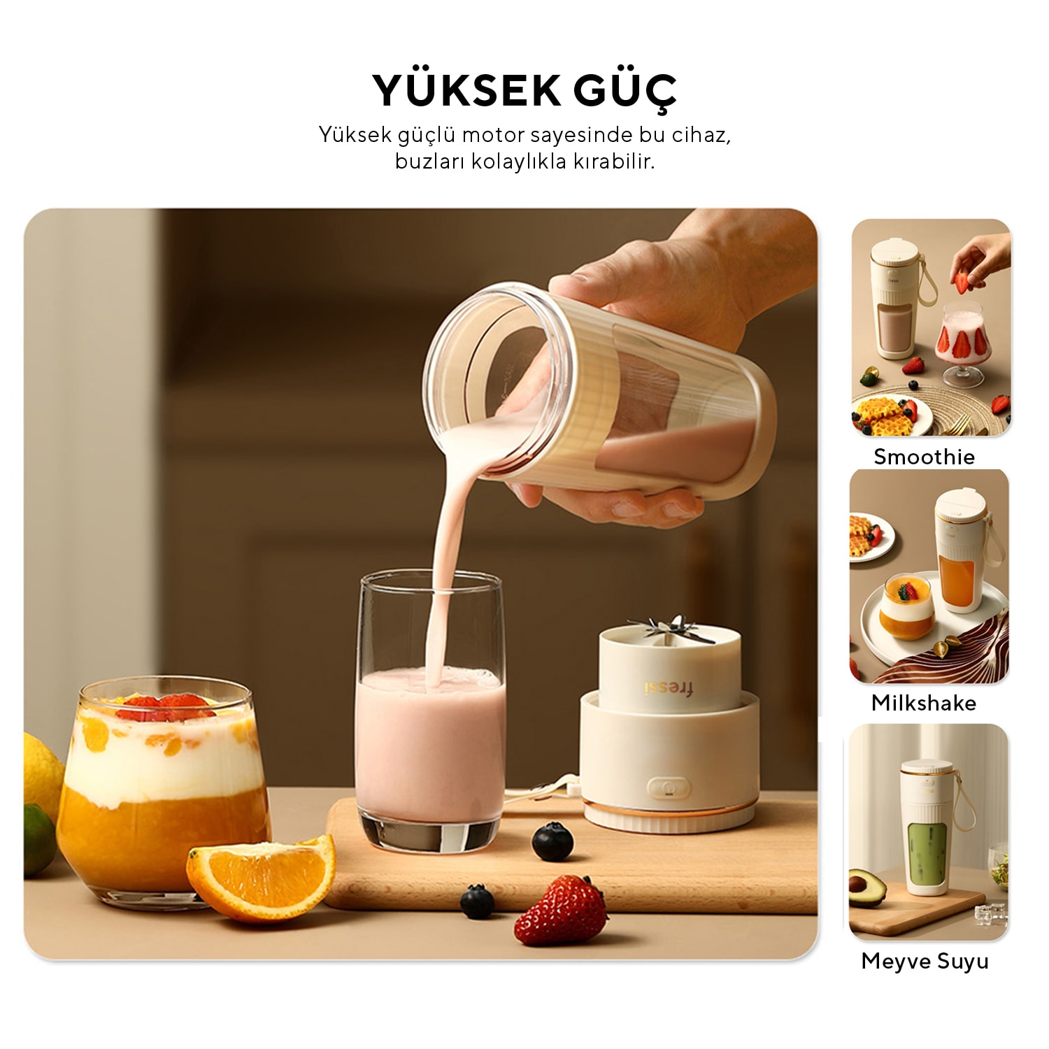 FR-BL0318 Taşınabilir Şarjlı 80 W 350ml Öğütücü Fonksiyonlu Krem Kişisel Smoothie Blender